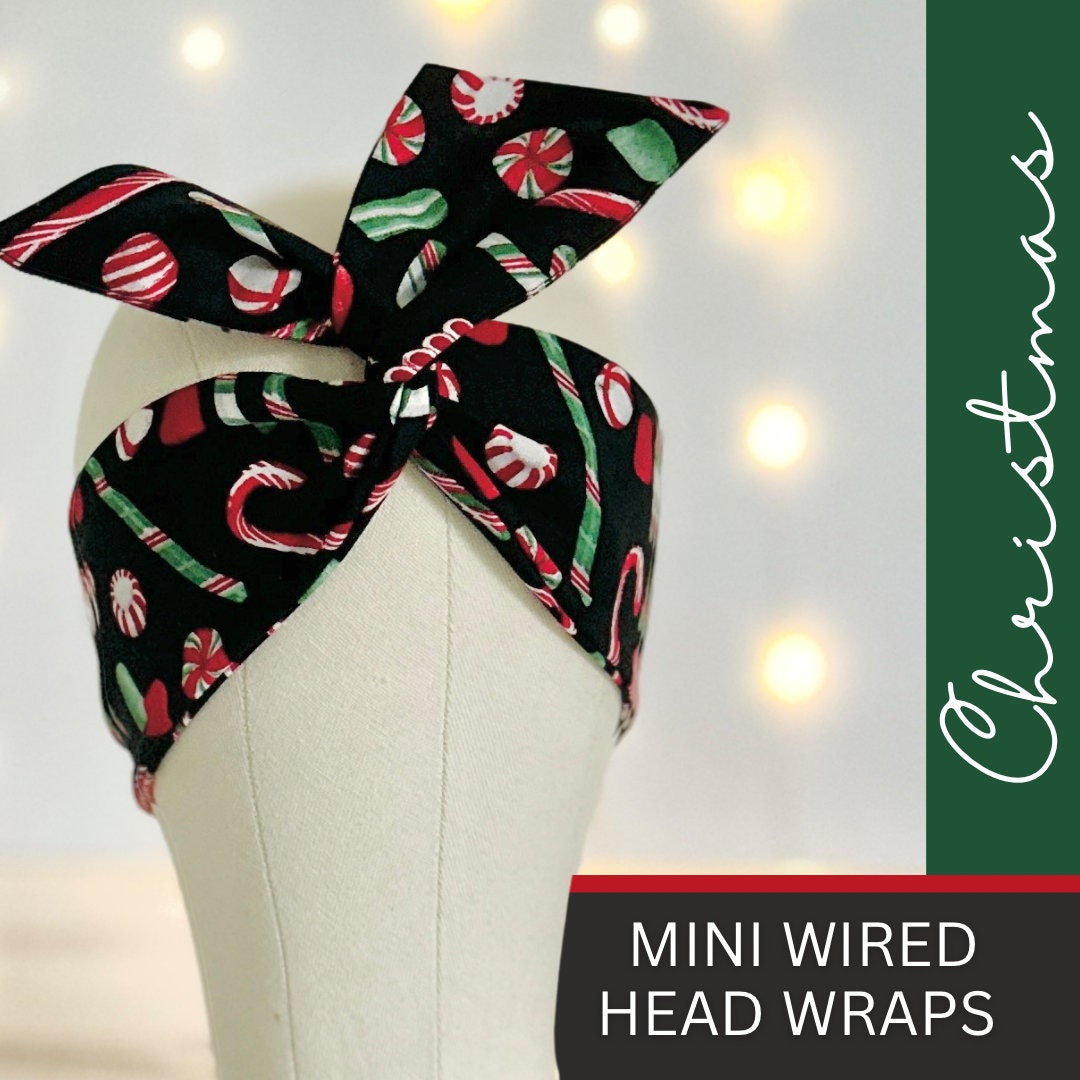 Christmas Party Mini Wired Head Wrap, Black Peppermint Candy Fabric Print, Wired Headband, Fabric Head Wrap, Turban, Accessories for Women