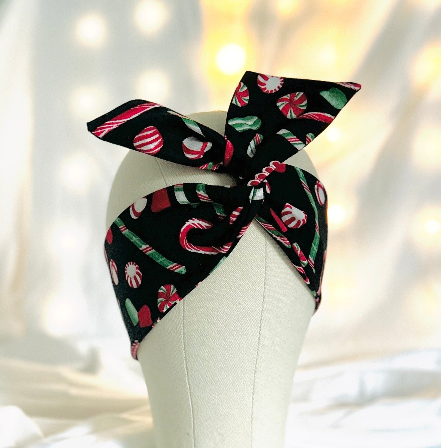 Christmas Party Mini Wired Head Wrap, Black Peppermint Candy Fabric Print, Wired Headband, Fabric Head Wrap, Turban, Accessories for Women