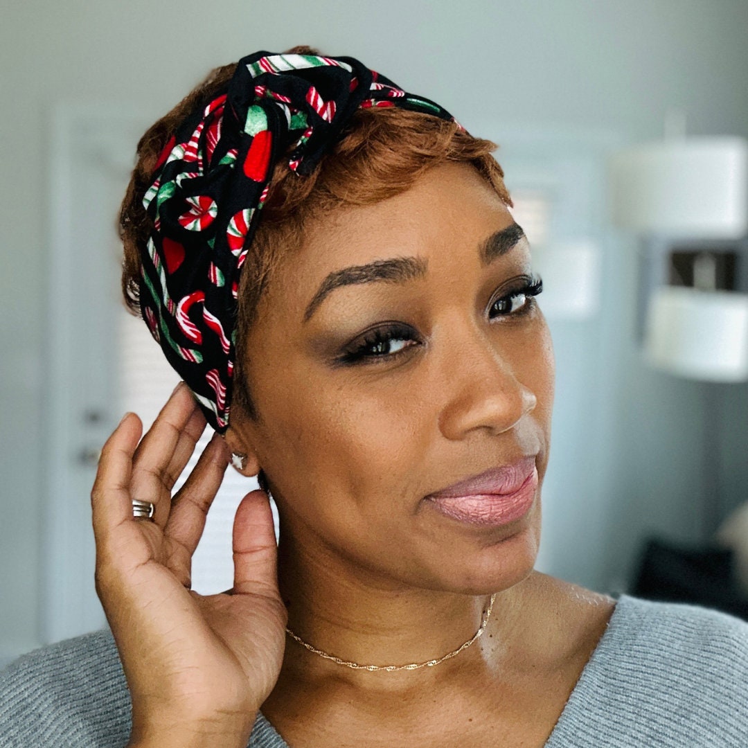 Christmas Party Mini Wired Head Wrap, Black Peppermint Candy Fabric Print, Wired Headband, Fabric Head Wrap, Turban, Accessories for Women