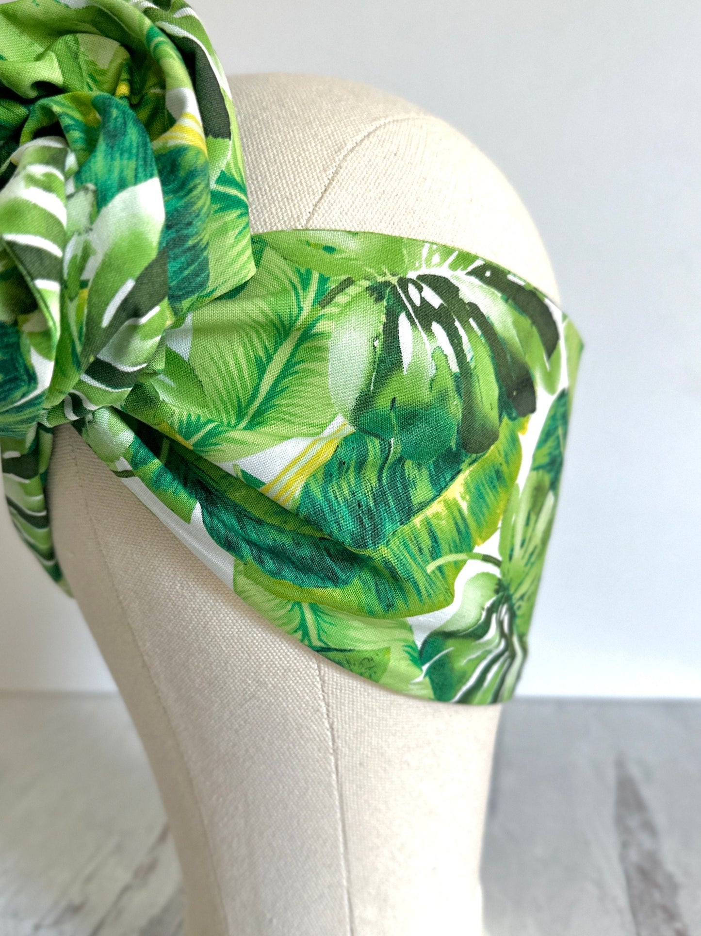 Extra Long & Wide ADJUSTABLE WIRE head Wrap, Green Tropical Leaves Print, Vacation Wired Head band, Turban, Women Headband, Boho Hair Wrap