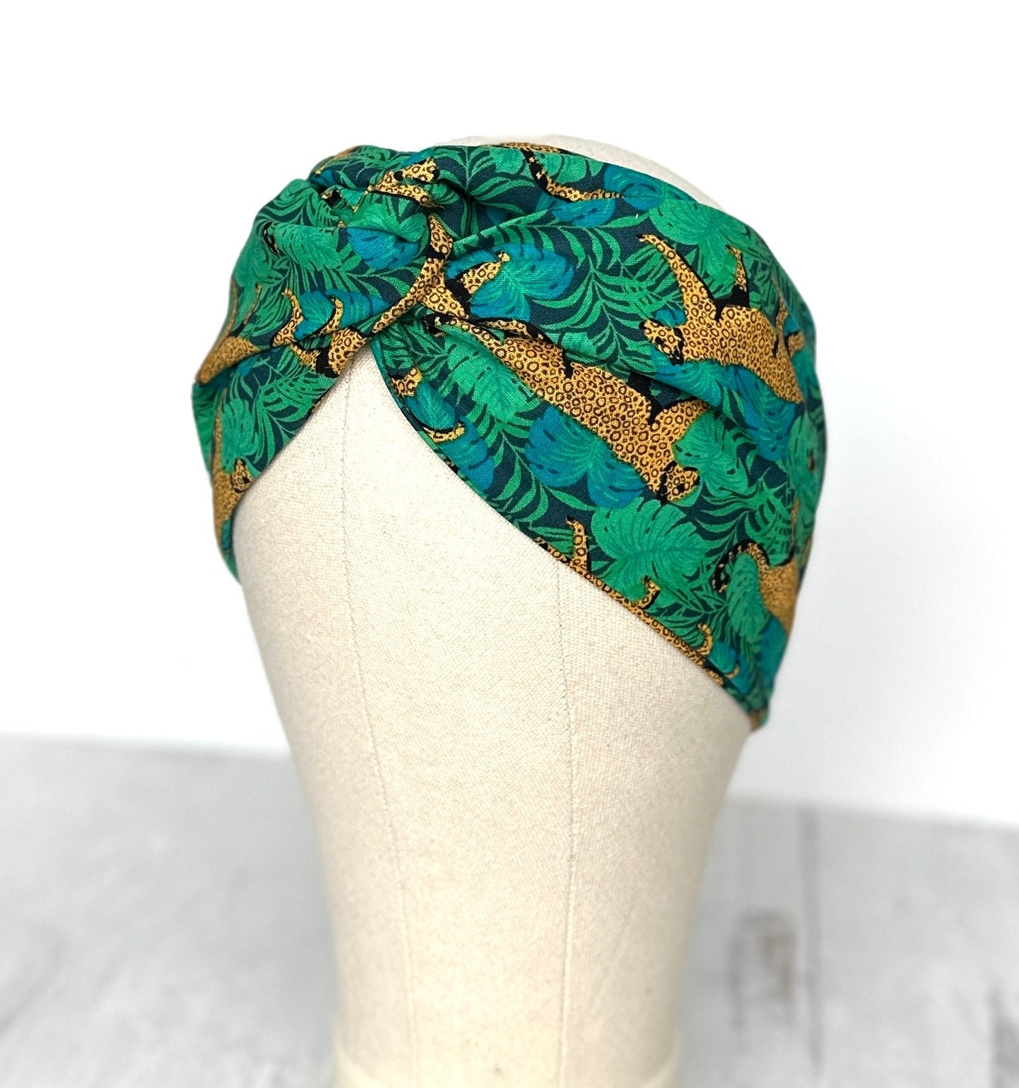 Extra Wide Adjustable Wire Headband, Tropical Leopard Print, Teal Gold, Boho Wired Headband, Fabric Head Wrap, Turban, Gift for Her, Scarf