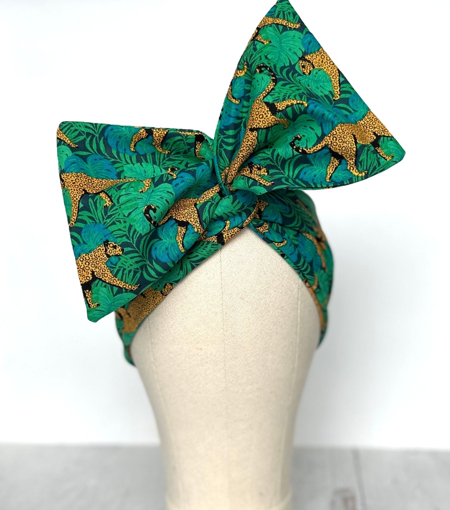 Extra Wide Adjustable Wire Headband, Tropical Leopard Print, Teal Gold, Boho Wired Headband, Fabric Head Wrap, Turban, Gift for Her, Scarf
