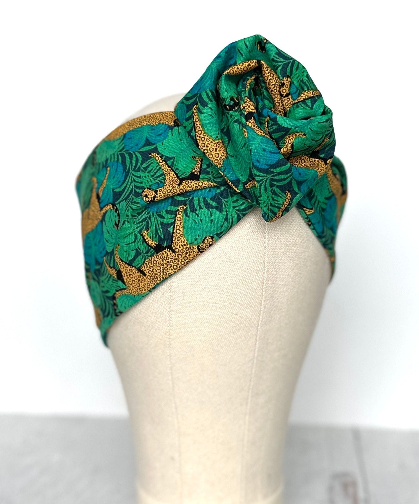 Extra Wide Adjustable Wire Headband, Tropical Leopard Print, Teal Gold, Boho Wired Headband, Fabric Head Wrap, Turban, Gift for Her, Scarf
