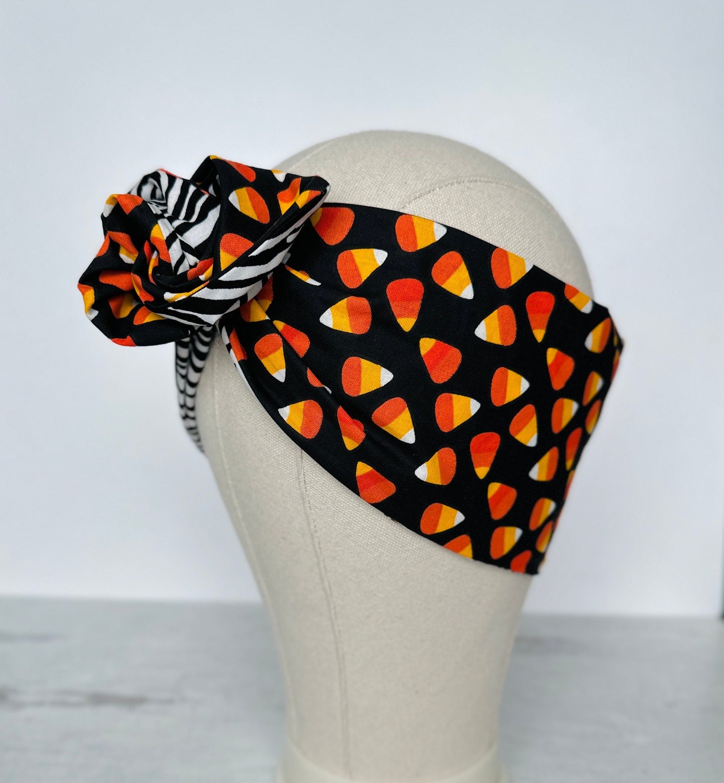 Extra Wide Reversible Adjustable Wire Headband, Halloween Party Candy Corn Print, Bendable Wired Head Wrap, Turban Accessories, Head Scarf
