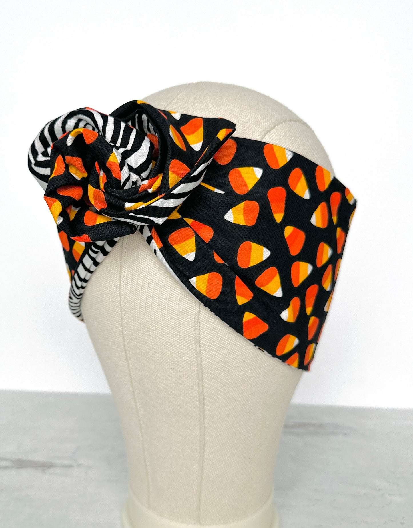 Extra Wide Reversible Adjustable Wire Headband, Halloween Party Candy Corn Print, Bendable Wired Head Wrap, Turban Accessories, Head Scarf