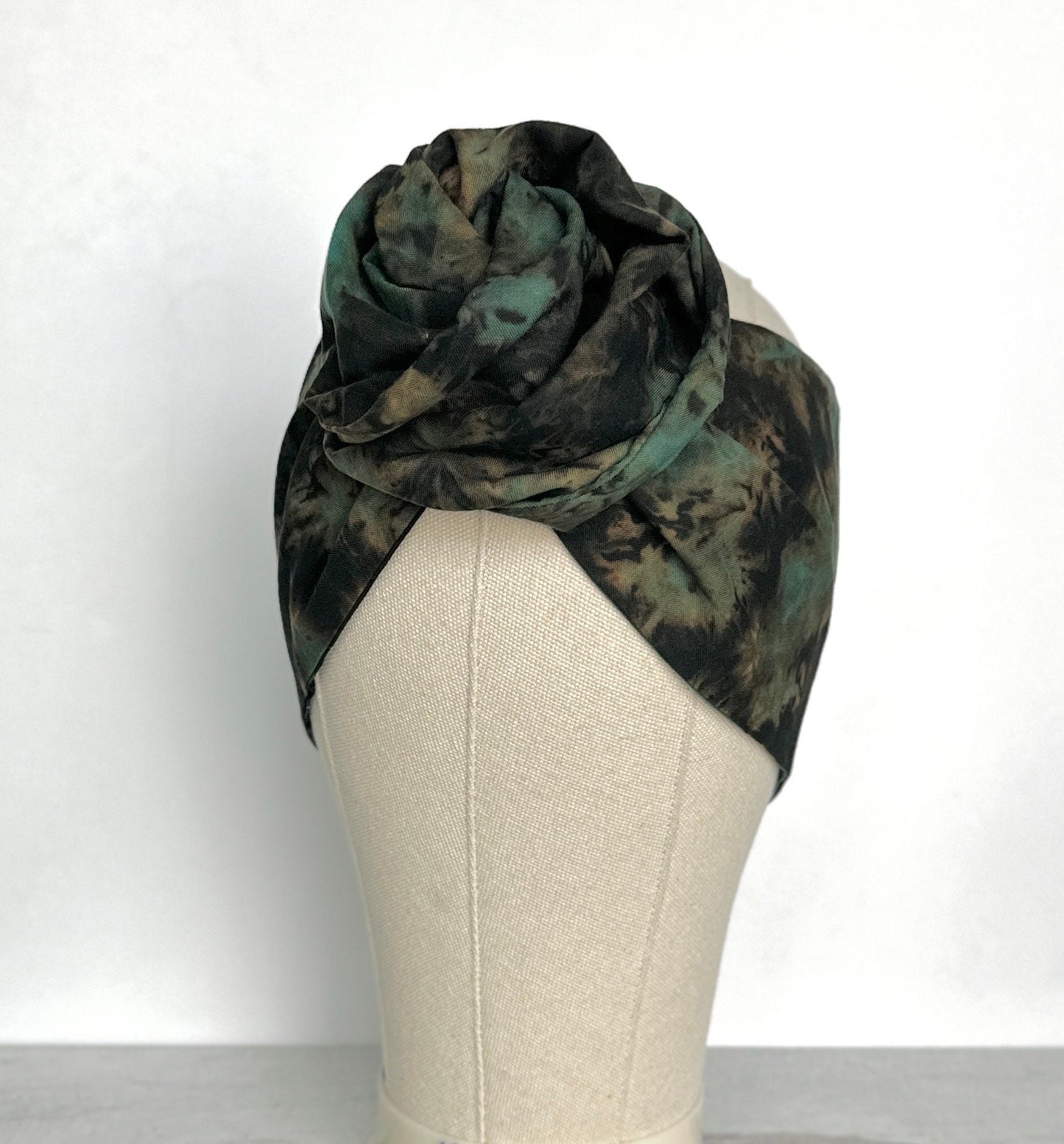 Hand Dyed Extra Long Wide ADJUSTABLE Wire Headband, Black & Teal Green Tie Dyed Wired Head Wrap , Hair Accessories For Women, No Slip Scarf