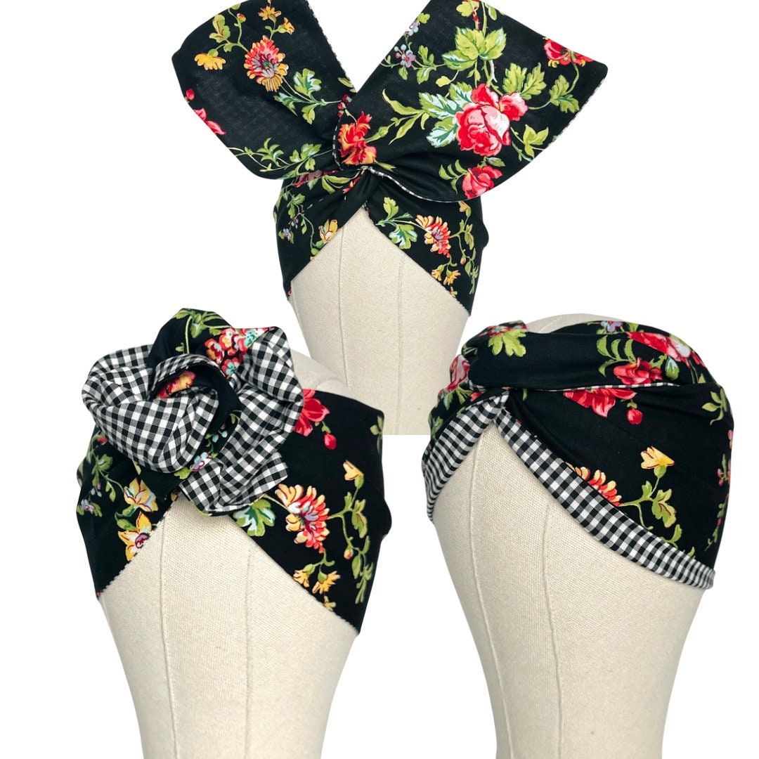 Extra Wide Reversible Adjustable Wire Headband, Black White Floral & Gingham Print, Wired Head Wrap, Turban Hair Accessories, Head Scarf