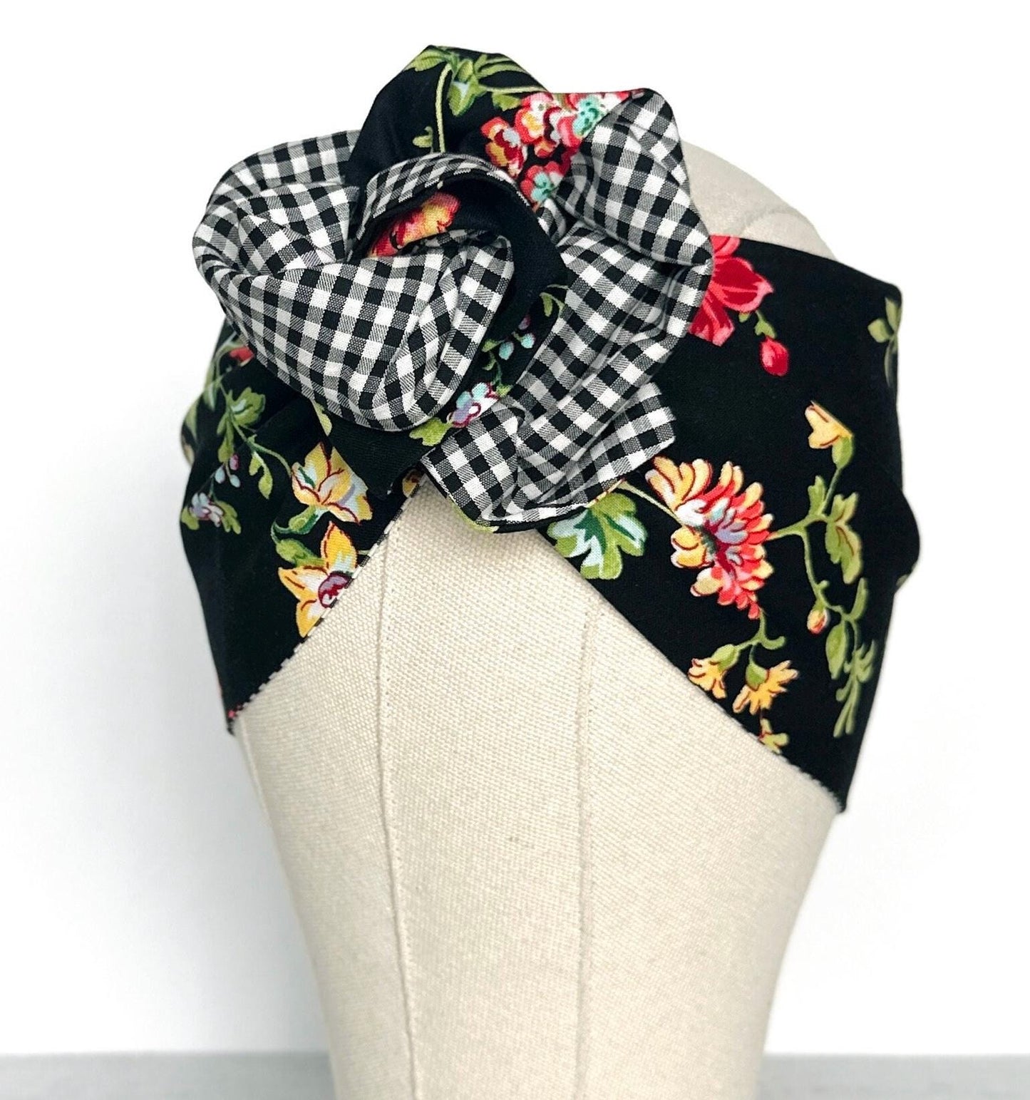 Extra Wide Reversible Adjustable Wire Headband, Black White Floral & Gingham Print, Wired Head Wrap, Turban Hair Accessories, Head Scarf