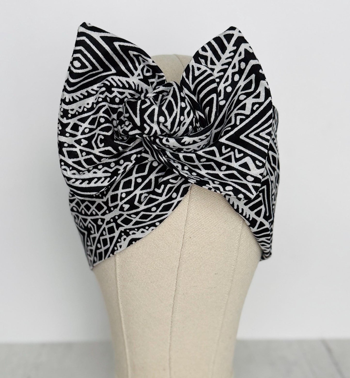 Extra Wide Adjustable Wire Headband, Batik Black & White Tribal Print Wired Headband and Turban, Fabric Head Wrap, Hair Scarf