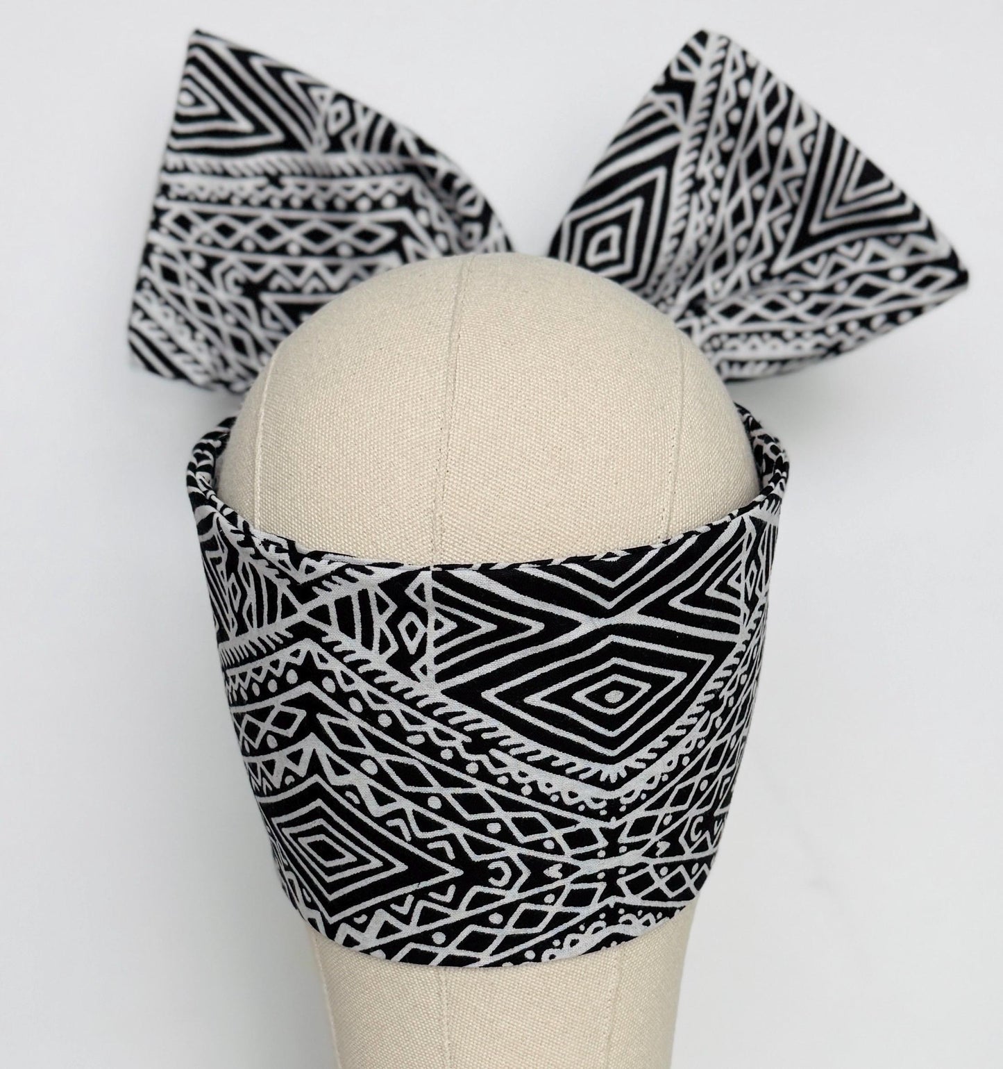 Extra Wide Adjustable Wire Headband, Batik Black & White Tribal Print Wired Headband and Turban, Fabric Head Wrap, Hair Scarf