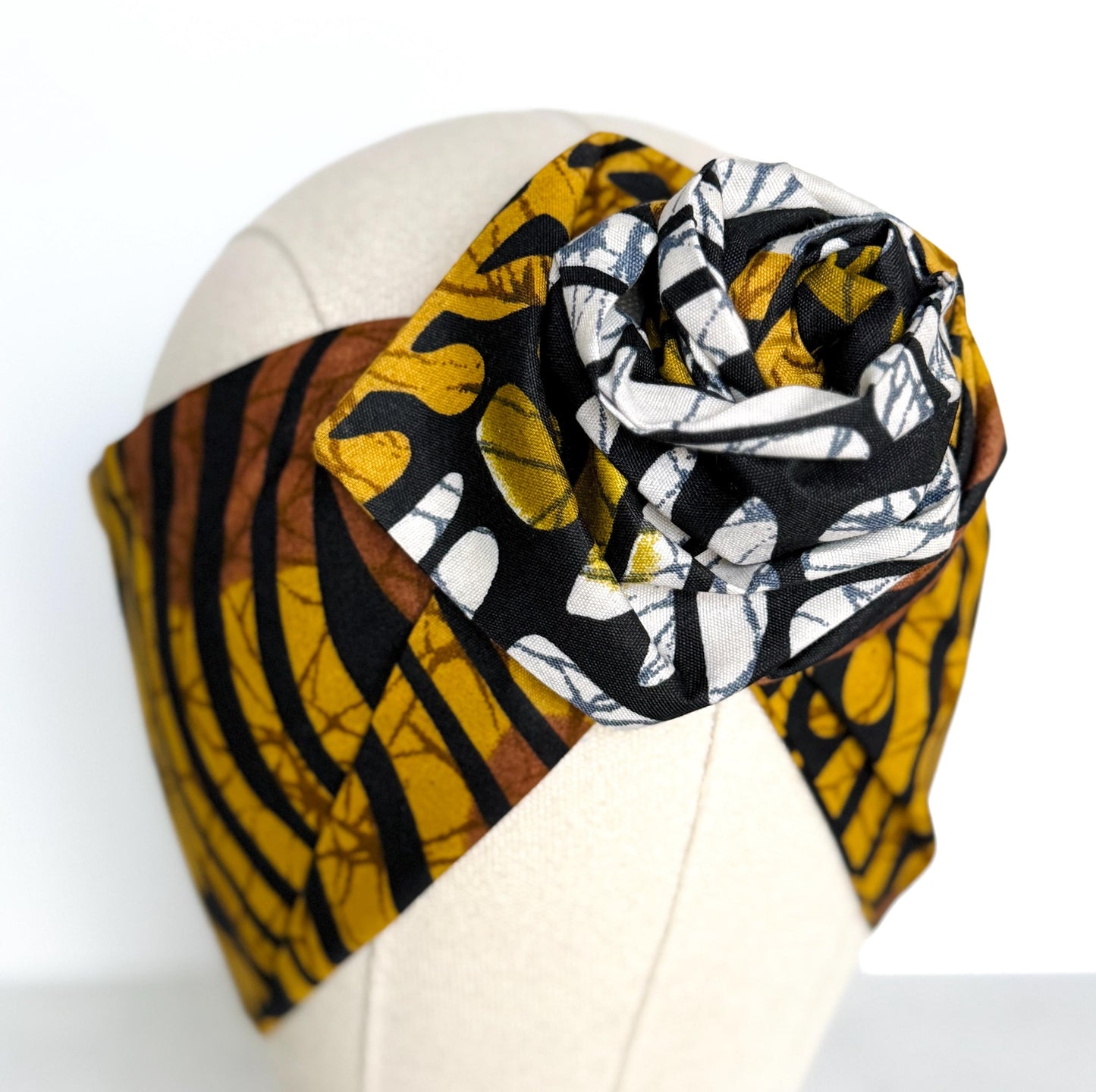 Extra Wide Adjustable Wire Wrap, Ankara Wired Headband, Brown White & Black African Fabric Head Wrap, Ankara Afro Boho Turban