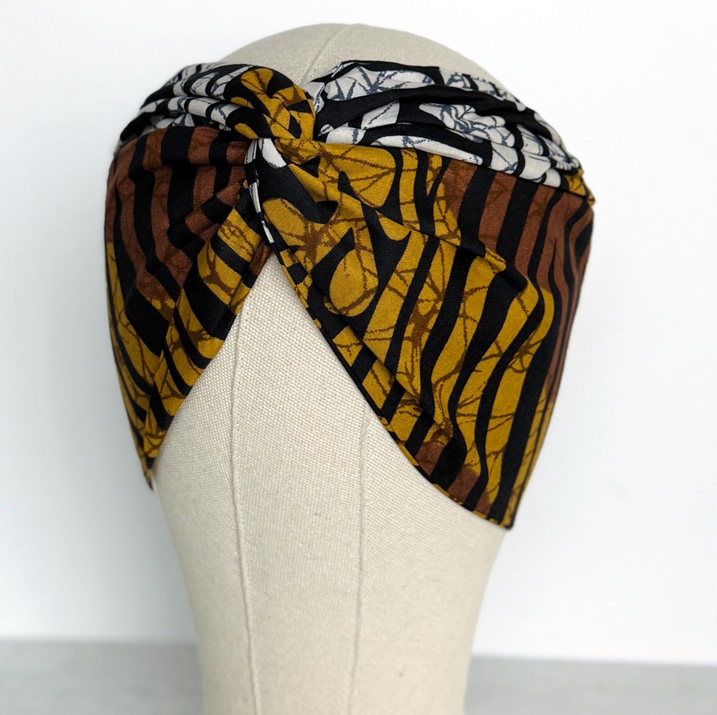 Extra Wide Adjustable Wire Wrap, Ankara Wired Headband, Brown White & Black African Fabric Head Wrap, Ankara Afro Boho Turban