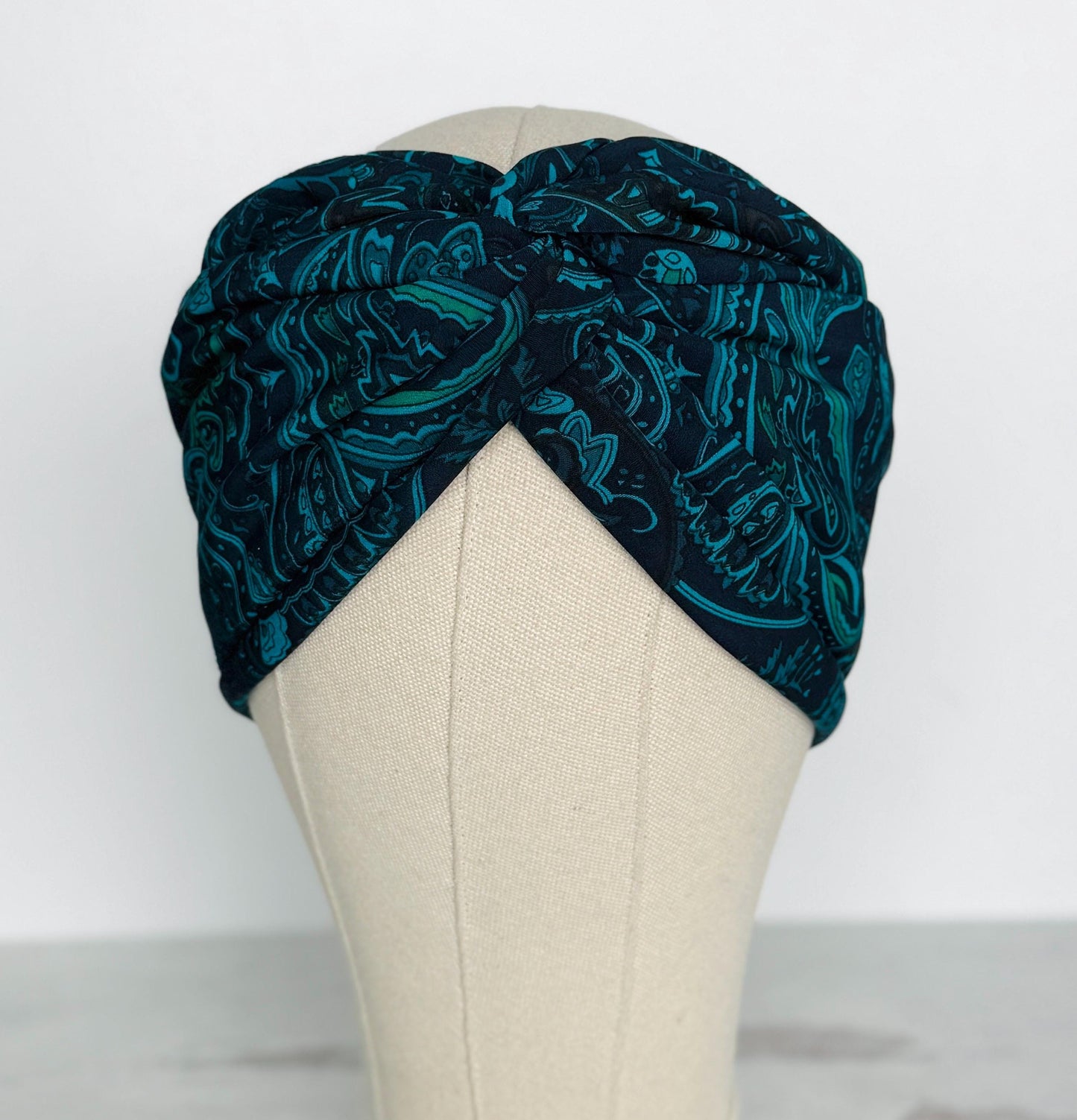 Extra Wide Adjustable Wire Wrap, Silky Wired Headband, Navy Blue Teal Paisley Print Fabric Head Wrap, No Slip Hair Accessories
