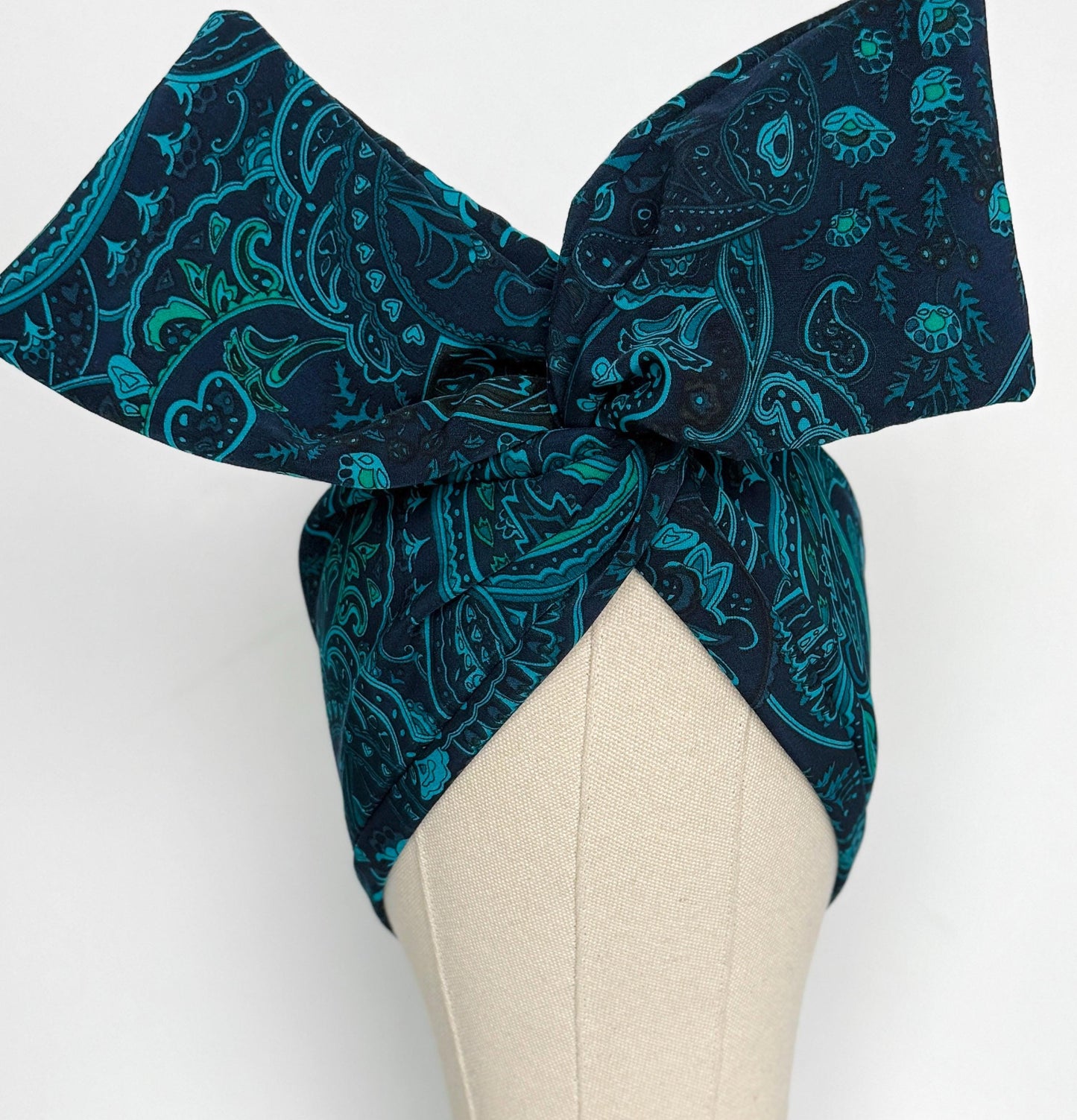 Extra Wide Adjustable Wire Wrap, Silky Wired Headband, Navy Blue Teal Paisley Print Fabric Head Wrap, No Slip Hair Accessories