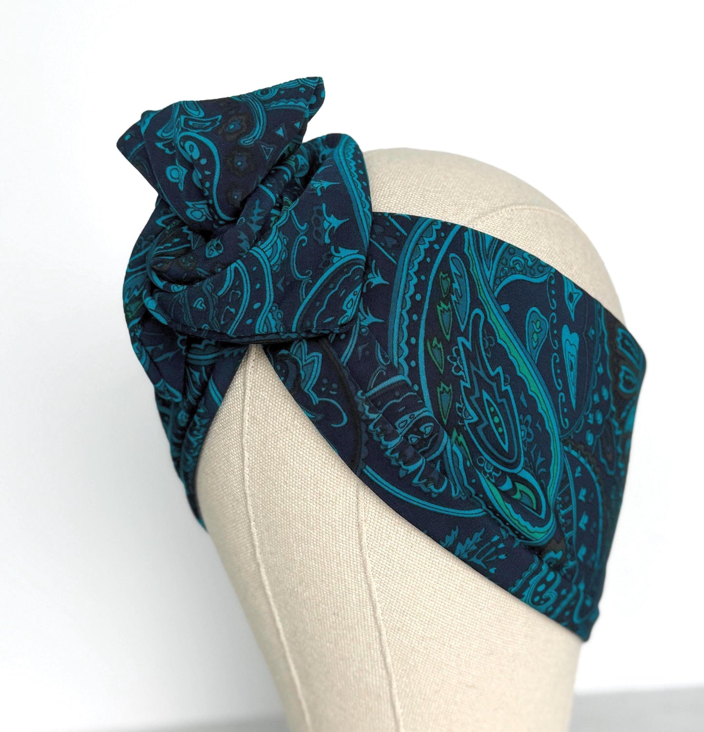 Extra Wide Adjustable Wire Wrap, Silky Wired Headband, Navy Blue Teal Paisley Print Fabric Head Wrap, No Slip Hair Accessories