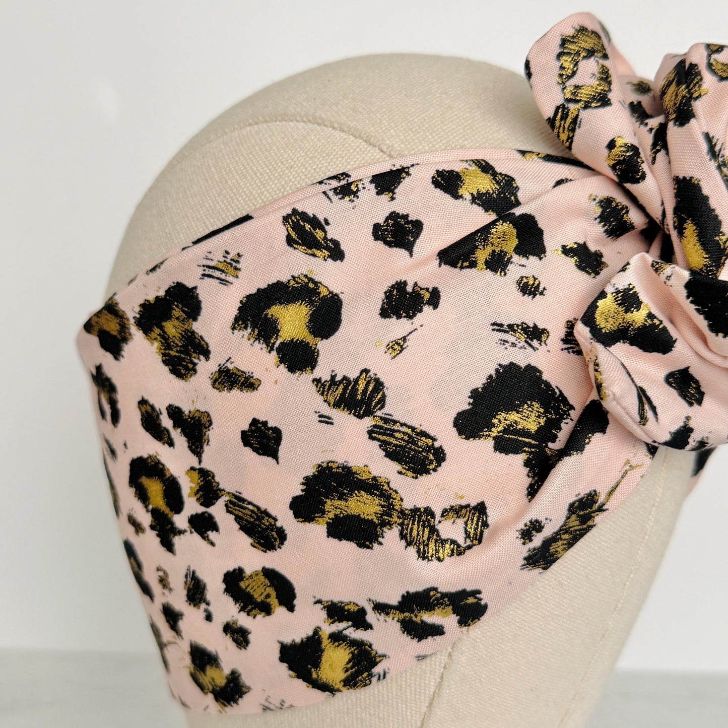Extra Wide Adjustable Wire Headband, Pink & Gold Leopard Print, Boho Wired Headband, Fabric Head Wrap, Turban, Gift for Her, Bendable Scarf