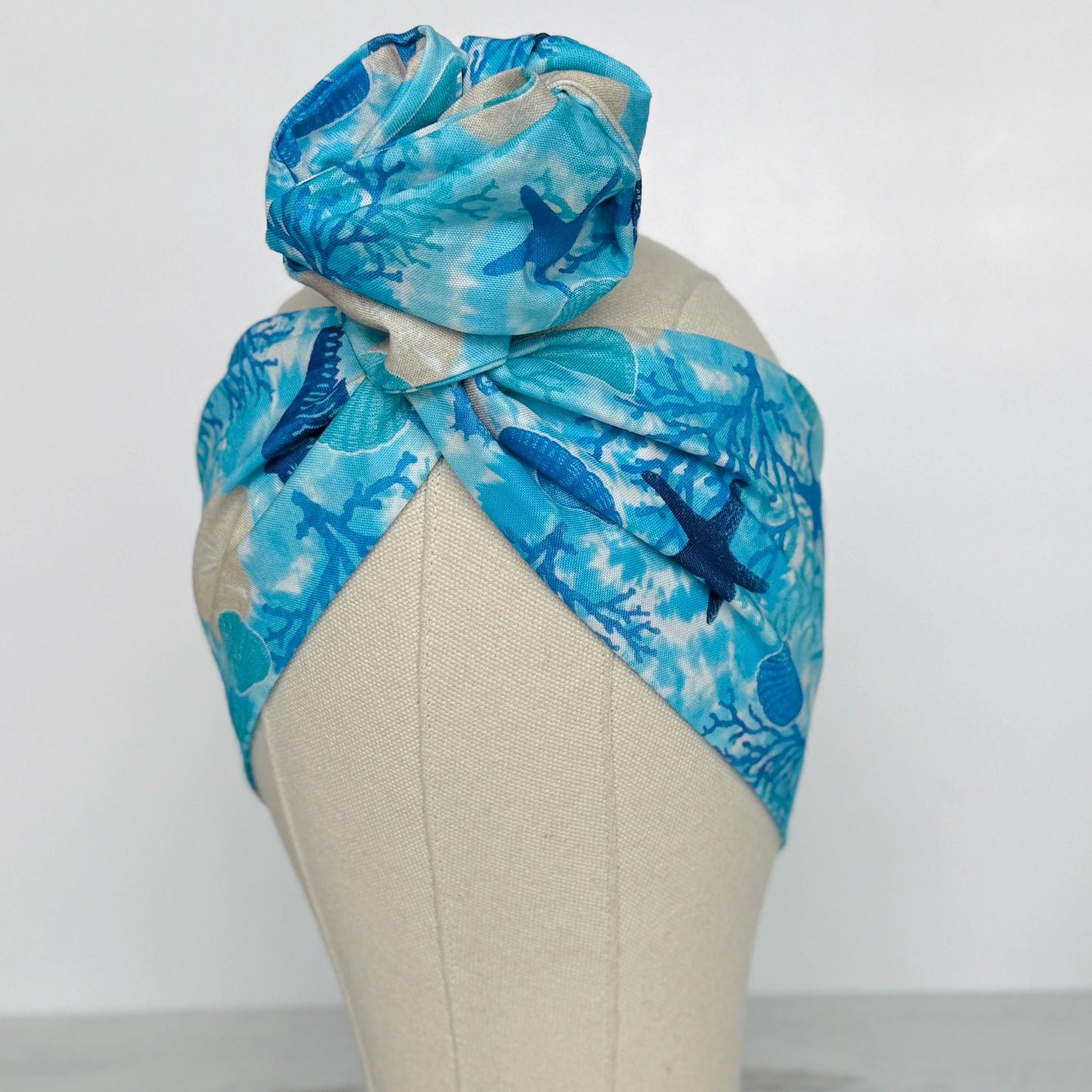 Extra Wide Adjustable Wire Headband, Blue Coral Sea Horse Island Print, Boho Wired Headband, Head Wrap, Summer Spring Bendable Turban
