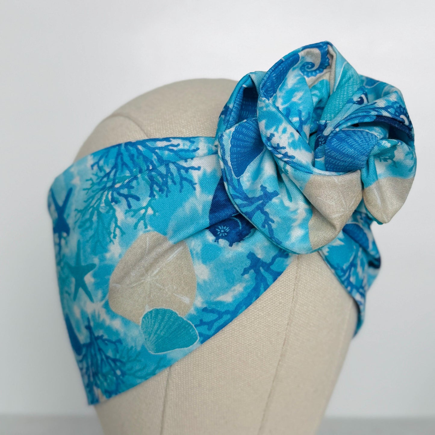 Extra Wide Adjustable Wire Headband, Blue Coral Sea Horse Island Print, Boho Wired Headband, Head Wrap, Summer Spring Bendable Turban