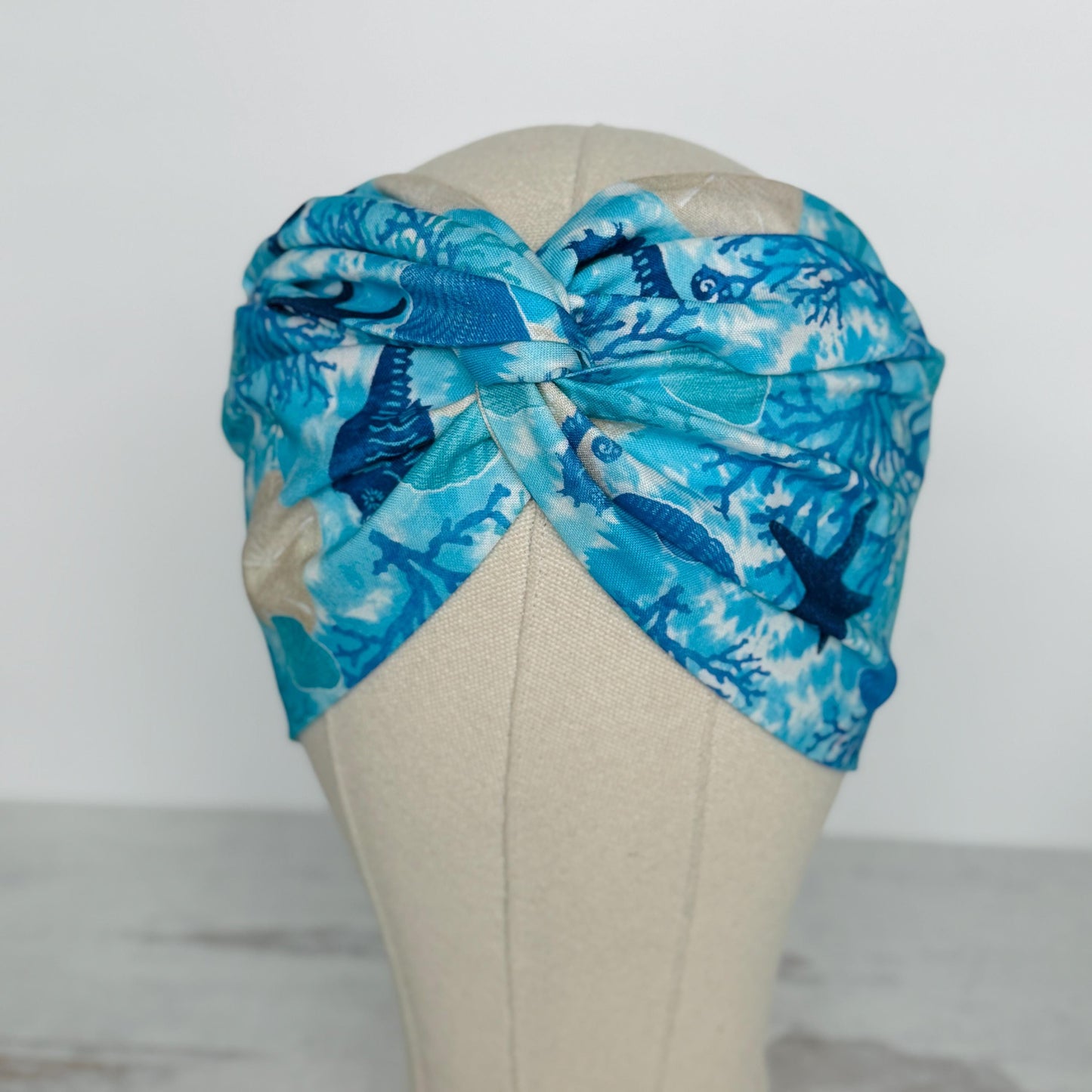 Extra Wide Adjustable Wire Headband, Blue Coral Sea Horse Island Print, Boho Wired Headband, Head Wrap, Summer Spring Bendable Turban