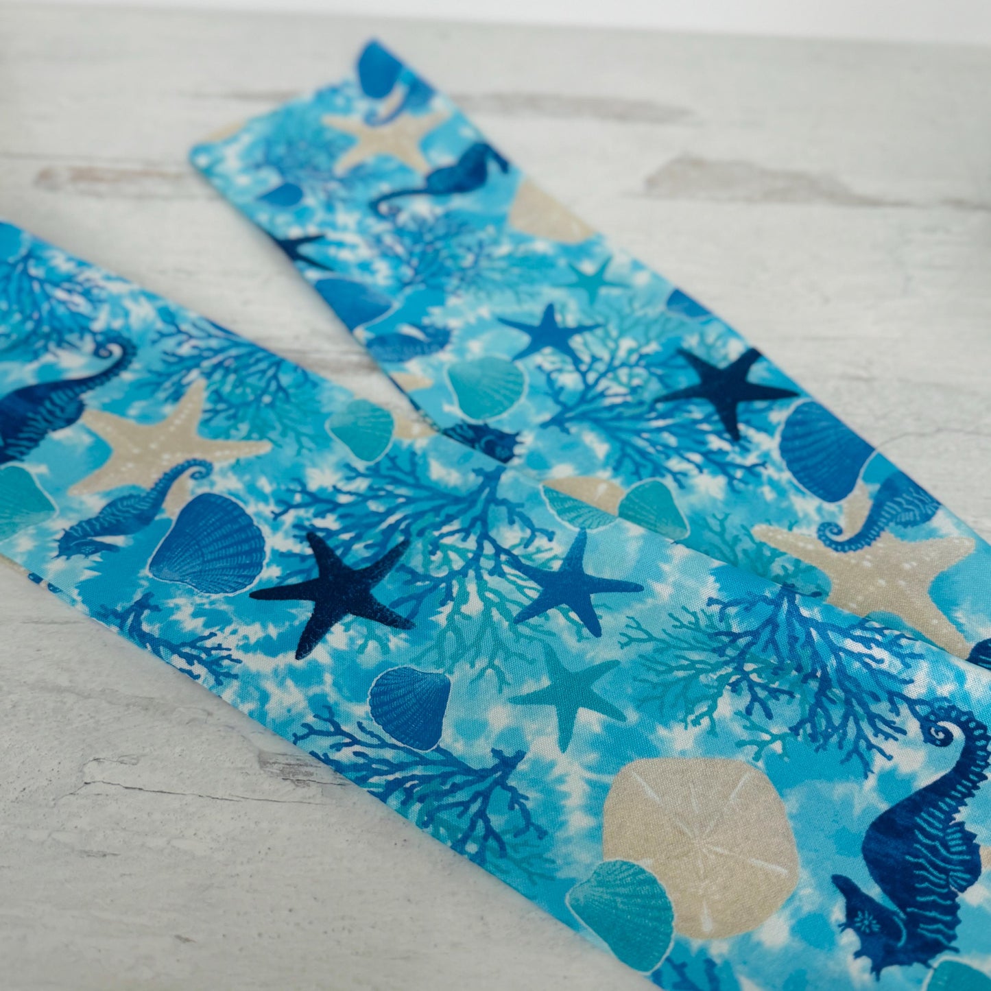Extra Wide Adjustable Wire Headband, Blue Coral Sea Horse Island Print, Boho Wired Headband, Head Wrap, Summer Spring Bendable Turban