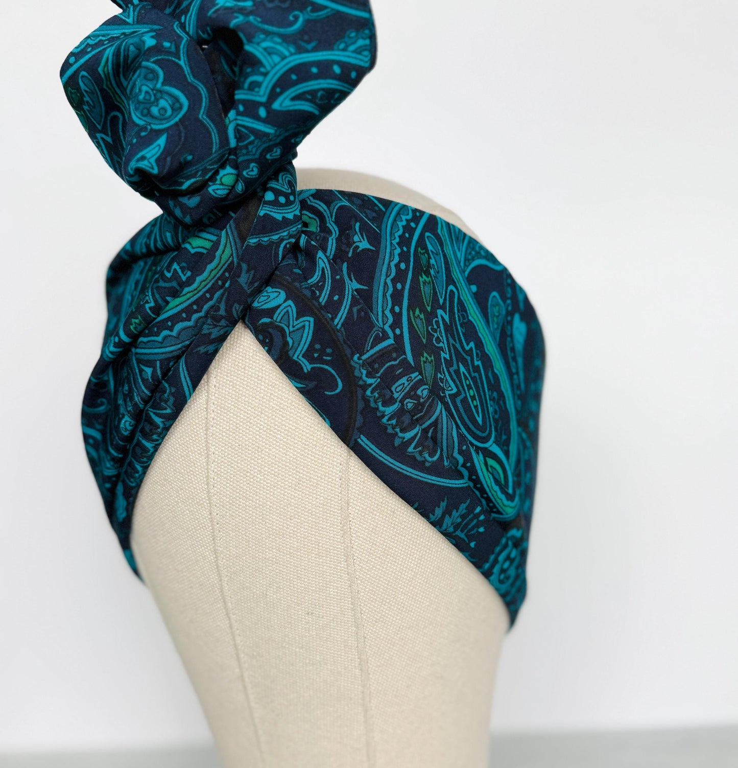 Extra Wide Adjustable Wire Wrap, Silky Wired Headband, Navy Blue Teal Paisley Print Fabric Head Wrap, No Slip Hair Accessories