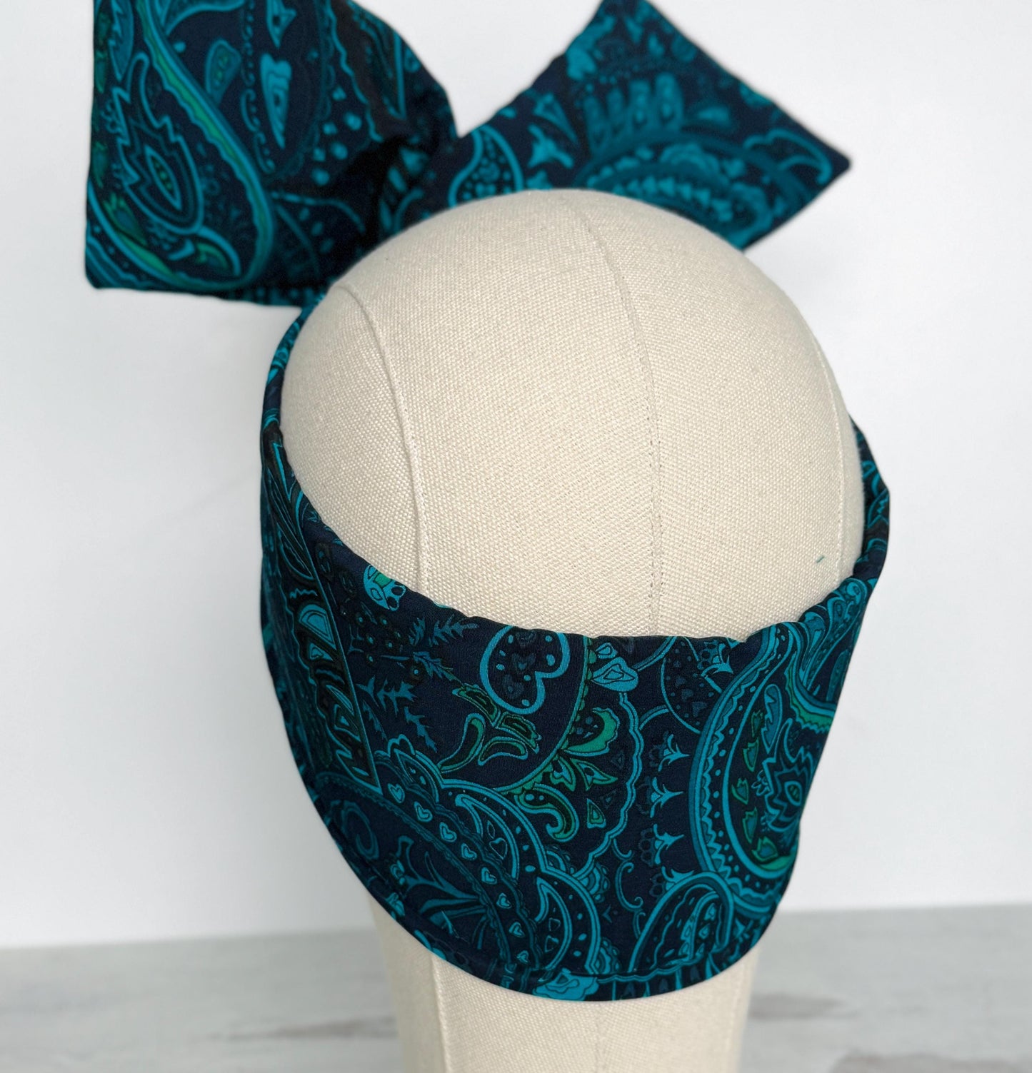 Extra Wide Adjustable Wire Wrap, Silky Wired Headband, Navy Blue Teal Paisley Print Fabric Head Wrap, No Slip Hair Accessories