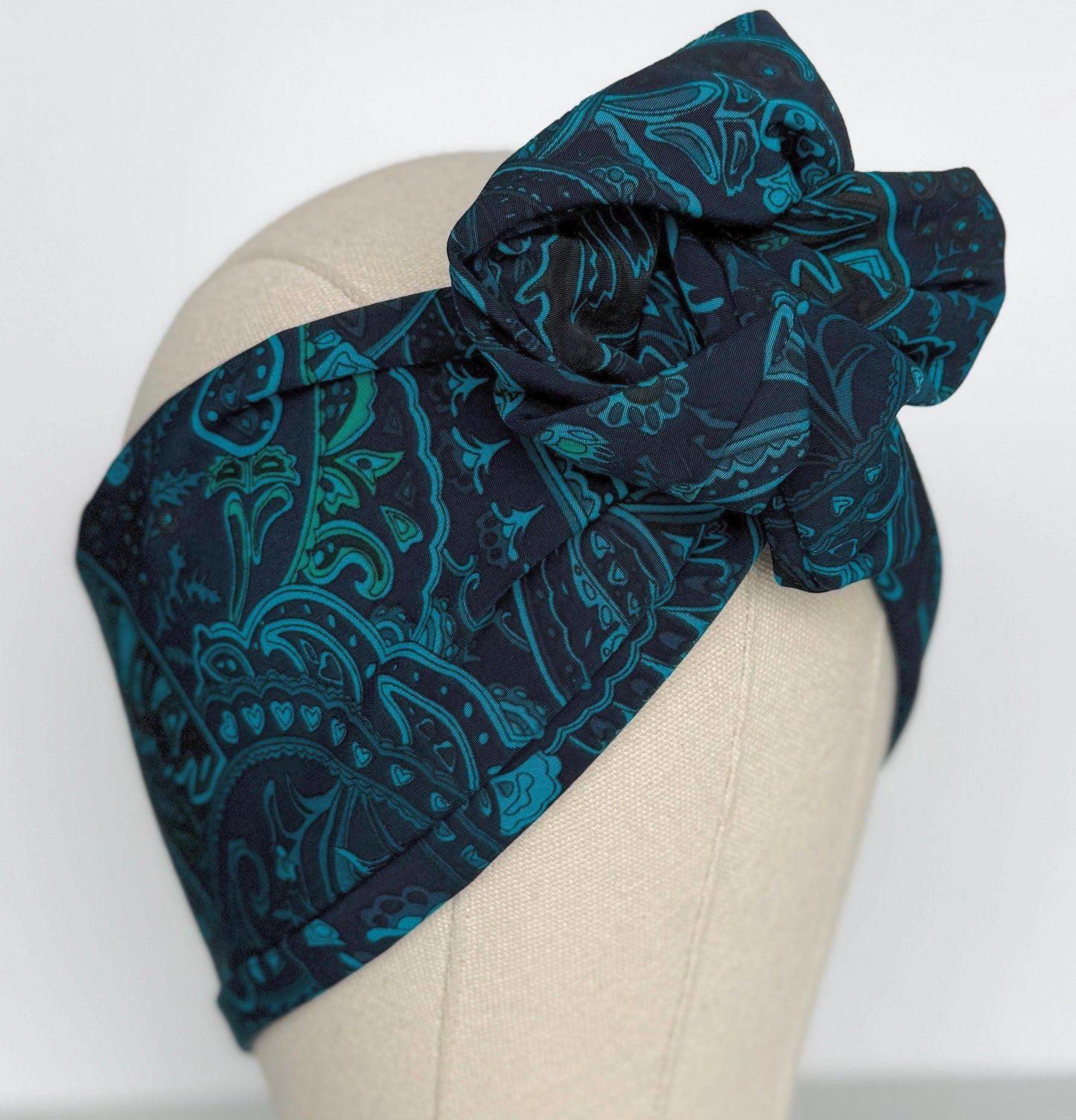Extra Wide Adjustable Wire Wrap, Silky Wired Headband, Navy Blue Teal Paisley Print Fabric Head Wrap, No Slip Hair Accessories