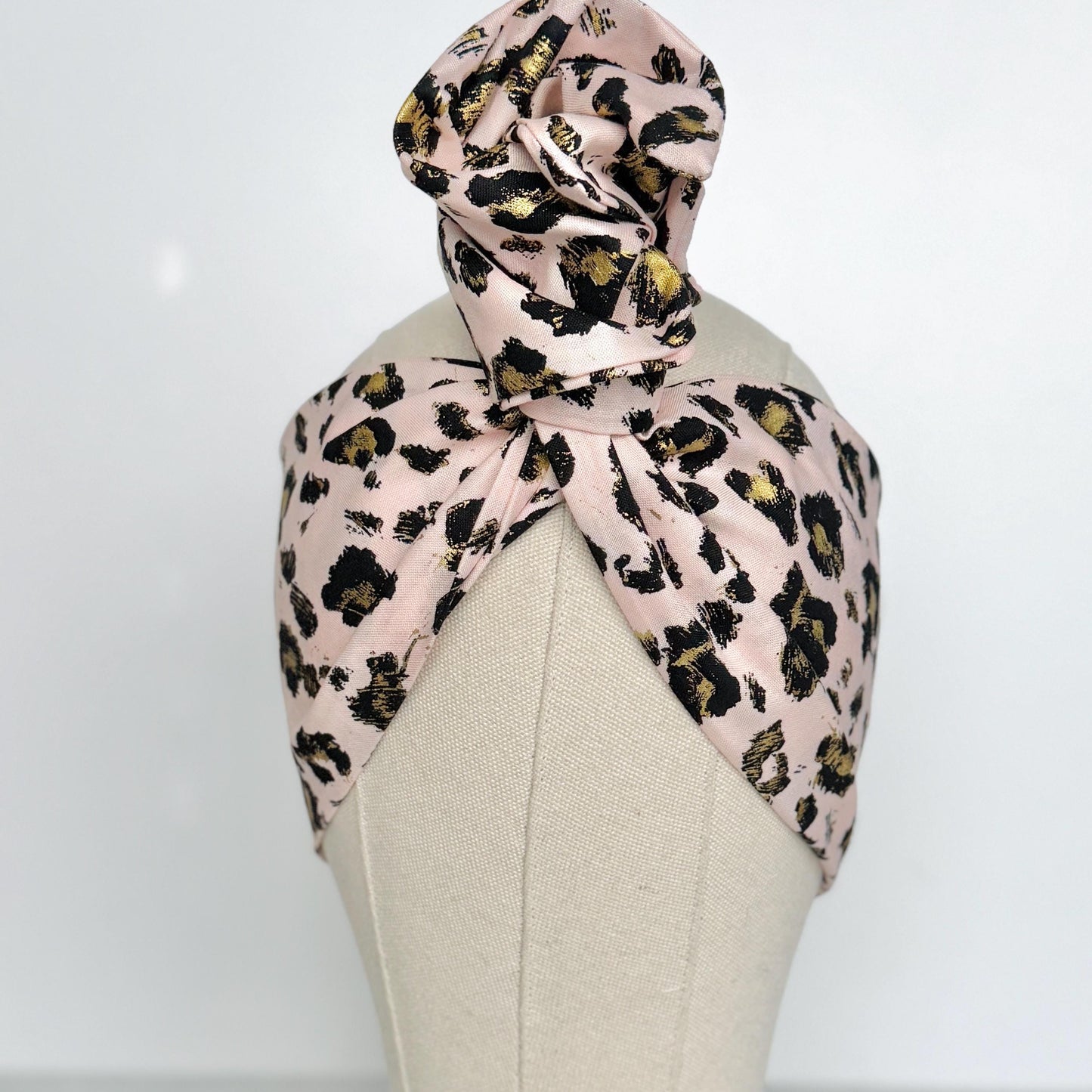 Extra Wide Adjustable Wire Headband, Pink & Gold Leopard Print, Boho Wired Headband, Fabric Head Wrap, Turban, Gift for Her, Bendable Scarf