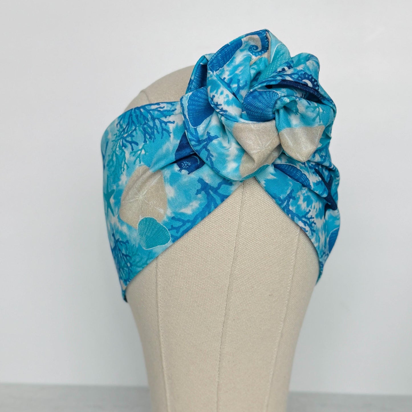Extra Wide Adjustable Wire Headband, Blue Coral Sea Horse Island Print, Boho Wired Headband, Head Wrap, Summer Spring Bendable Turban