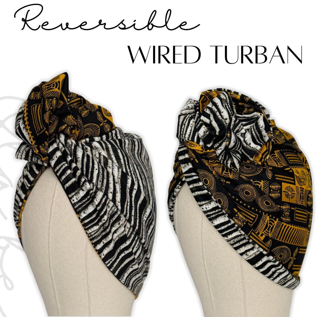 Full Turban Wire Headband, Reversible Extra Wide Tribal Print & Zebra Striped Wired Headband, Fabric Head Wrap, Afro Boho Women Accessories