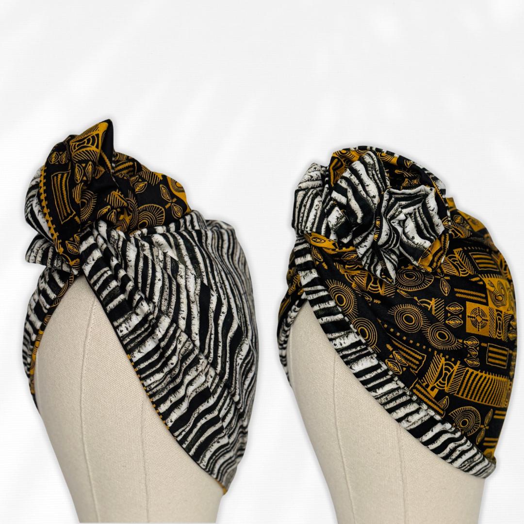 Full Turban Wire Headband, Reversible Extra Wide Tribal Print & Zebra Striped Wired Headband, Fabric Head Wrap, Afro Boho Women Accessories