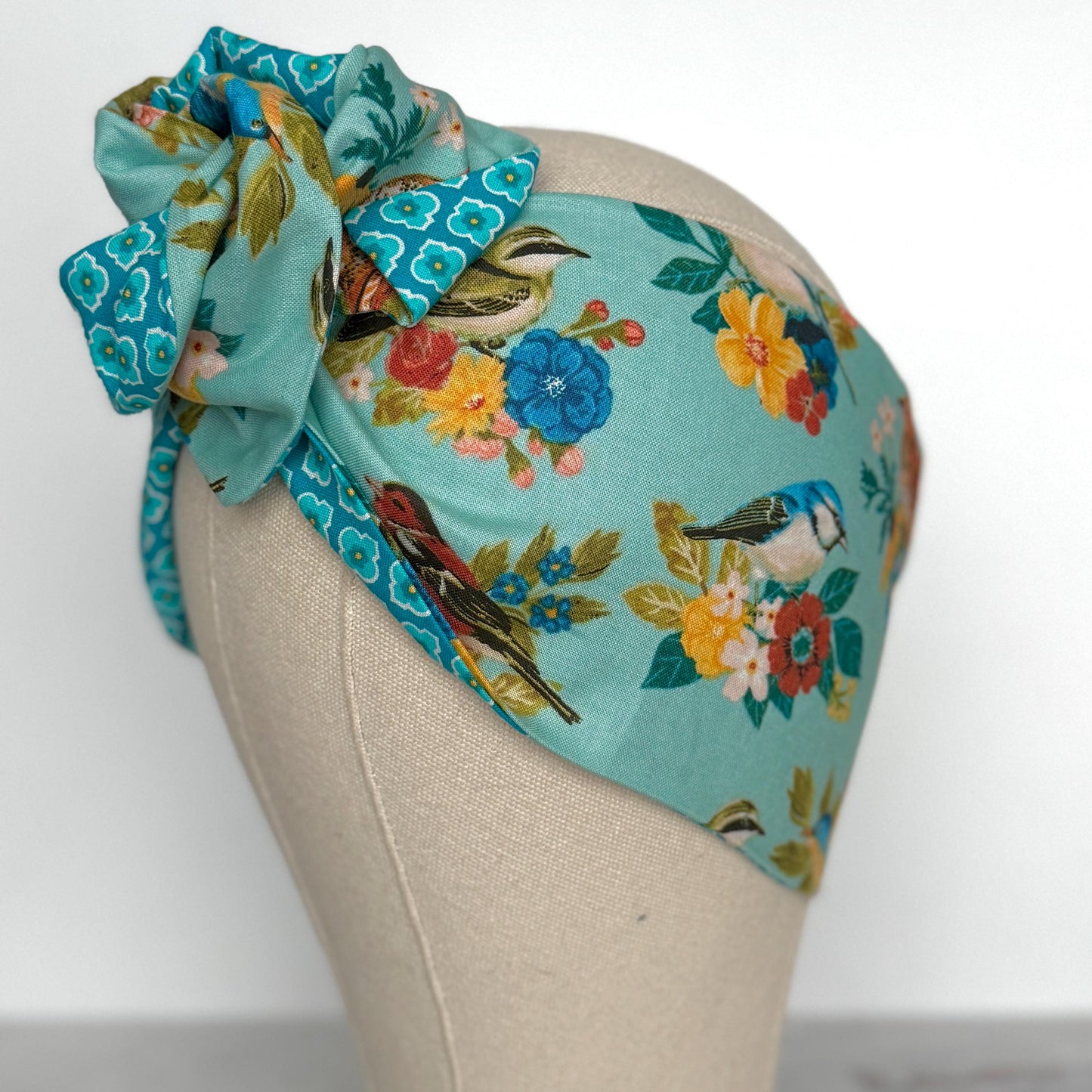 Extra Wide Reversible BENDABLE Wire Headband, Teal Blue Floral Bird Print, Summer Wired Head Wrap, Turban Accessories, Head Scarf Bandana