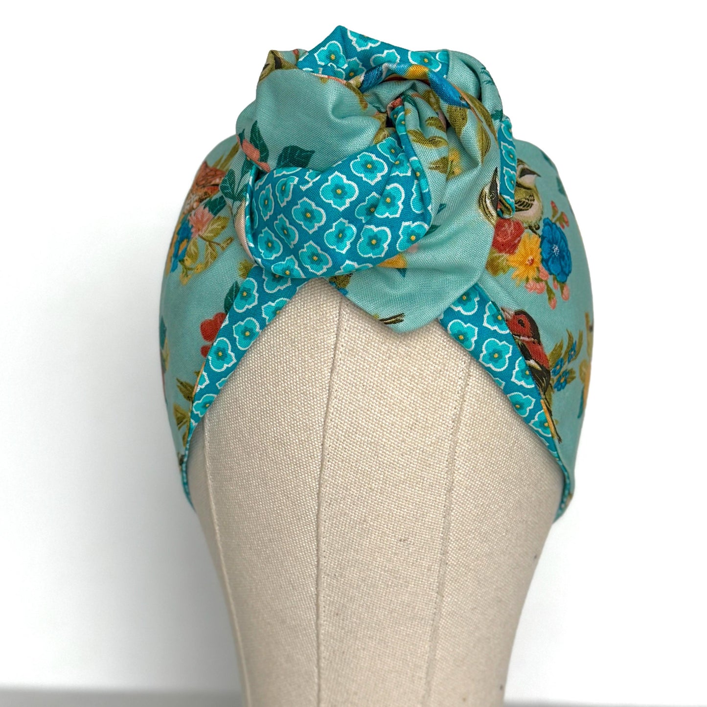 Extra Wide Reversible BENDABLE Wire Headband, Teal Blue Floral Bird Print, Summer Wired Head Wrap, Turban Accessories, Head Scarf Bandana