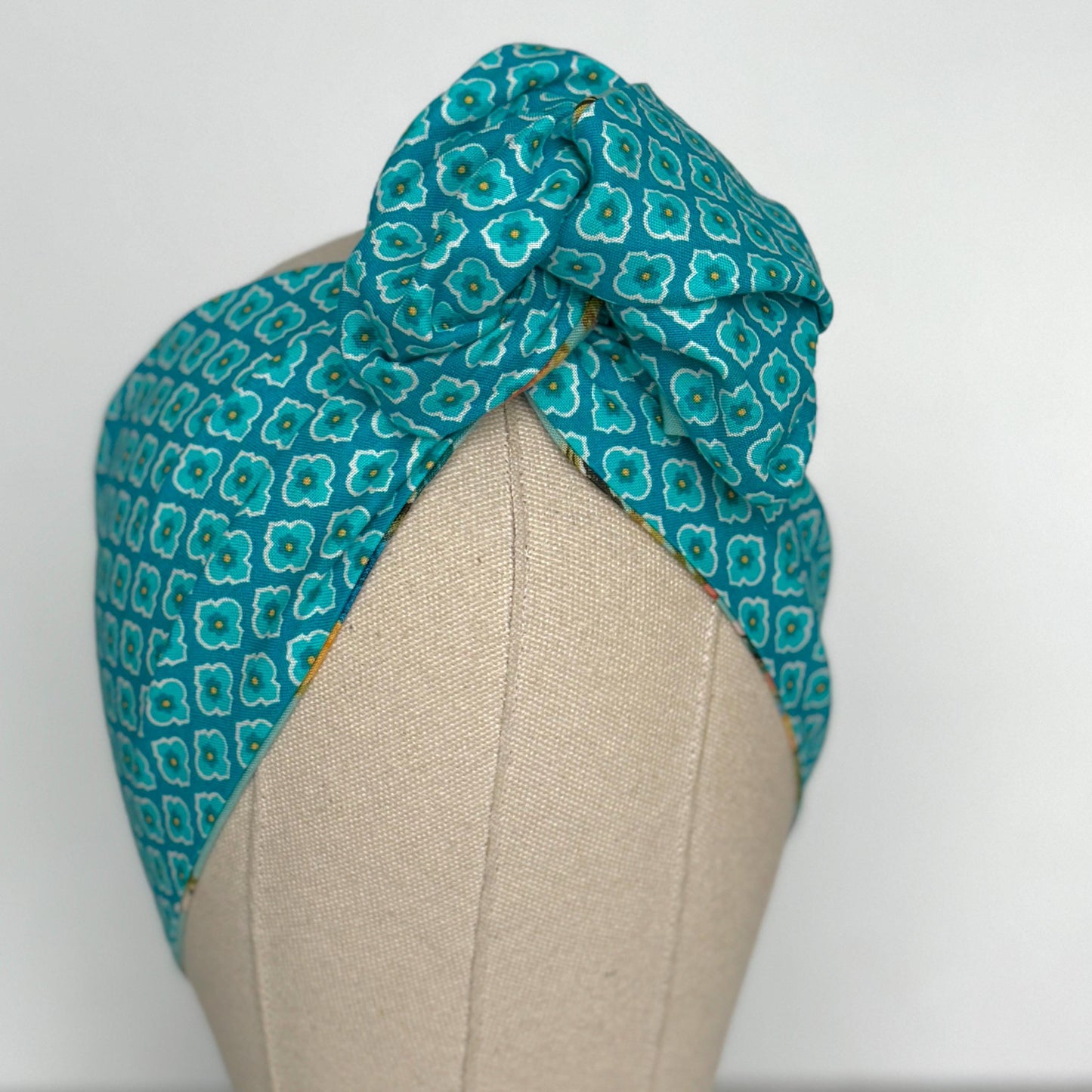 Extra Wide Reversible BENDABLE Wire Headband, Teal Blue Floral Bird Print, Summer Wired Head Wrap, Turban Accessories, Head Scarf Bandana