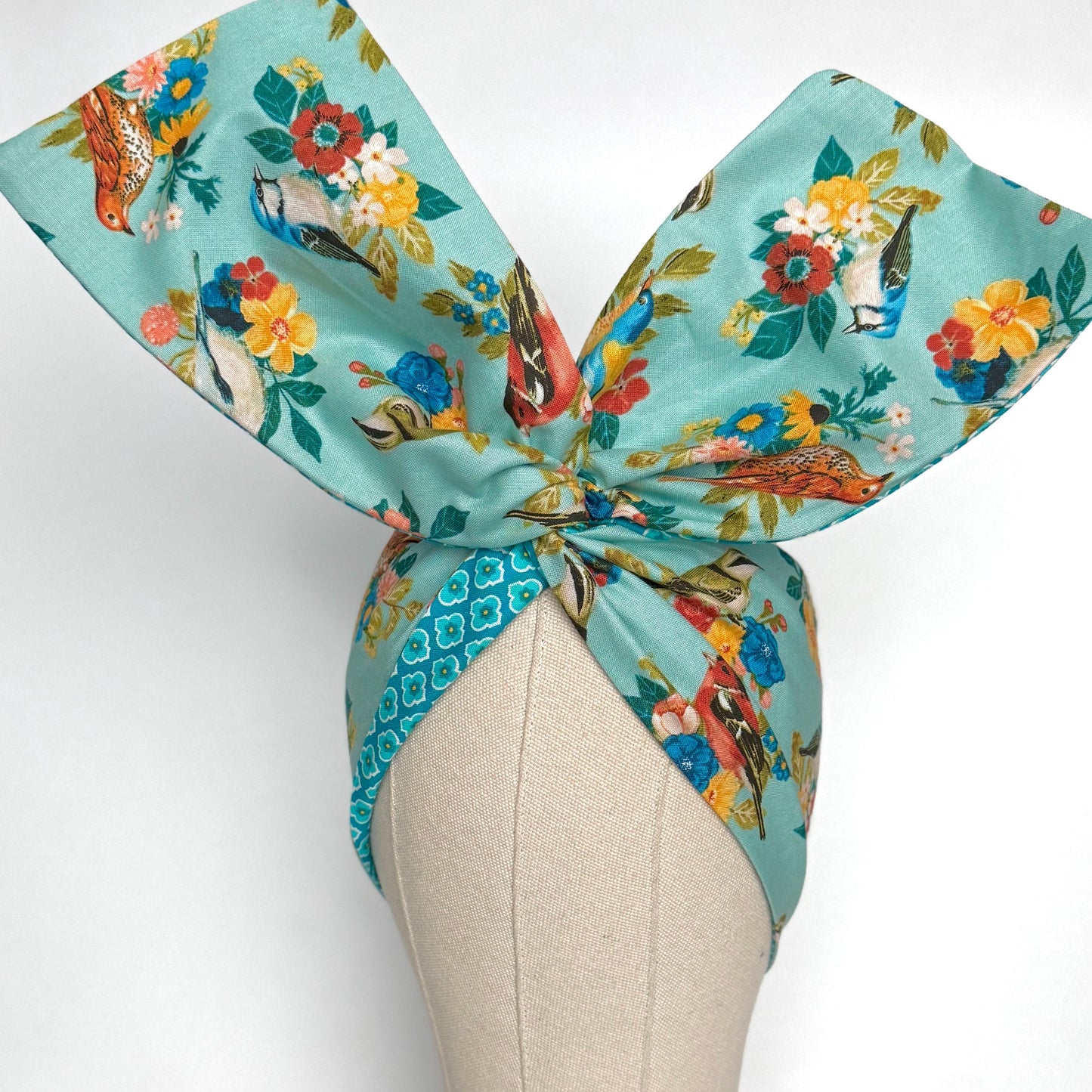 Extra Wide Reversible BENDABLE Wire Headband, Teal Blue Floral Bird Print, Summer Wired Head Wrap, Turban Accessories, Head Scarf Bandana