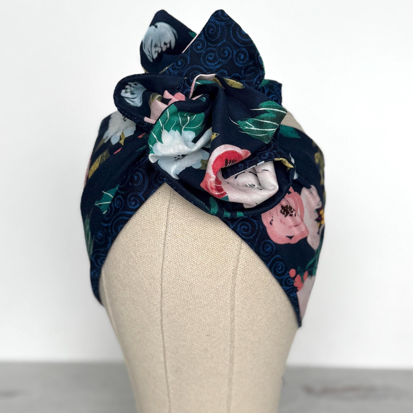 Extra Wide Reversible BENDABLE Wire Headband, Navy Blue Floral Print, Summer Wired Head Wrap, Turban Accessories, Head Scarf Bandana