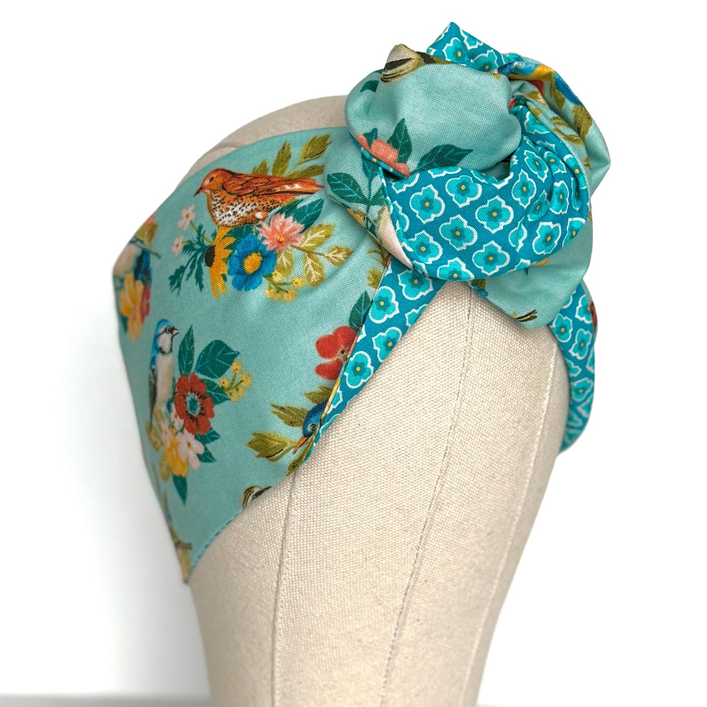 Extra Wide Reversible BENDABLE Wire Headband, Teal Blue Floral Bird Print, Summer Wired Head Wrap, Turban Accessories, Head Scarf Bandana