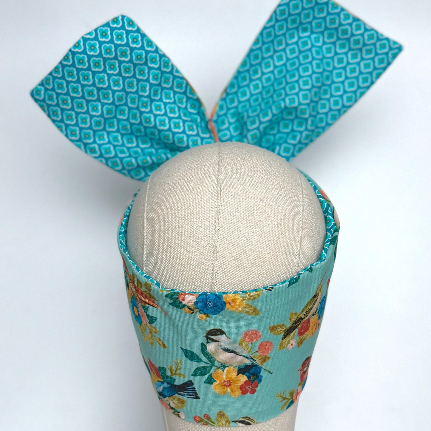 Extra Wide Reversible BENDABLE Wire Headband, Teal Blue Floral Bird Print, Summer Wired Head Wrap, Turban Accessories, Head Scarf Bandana