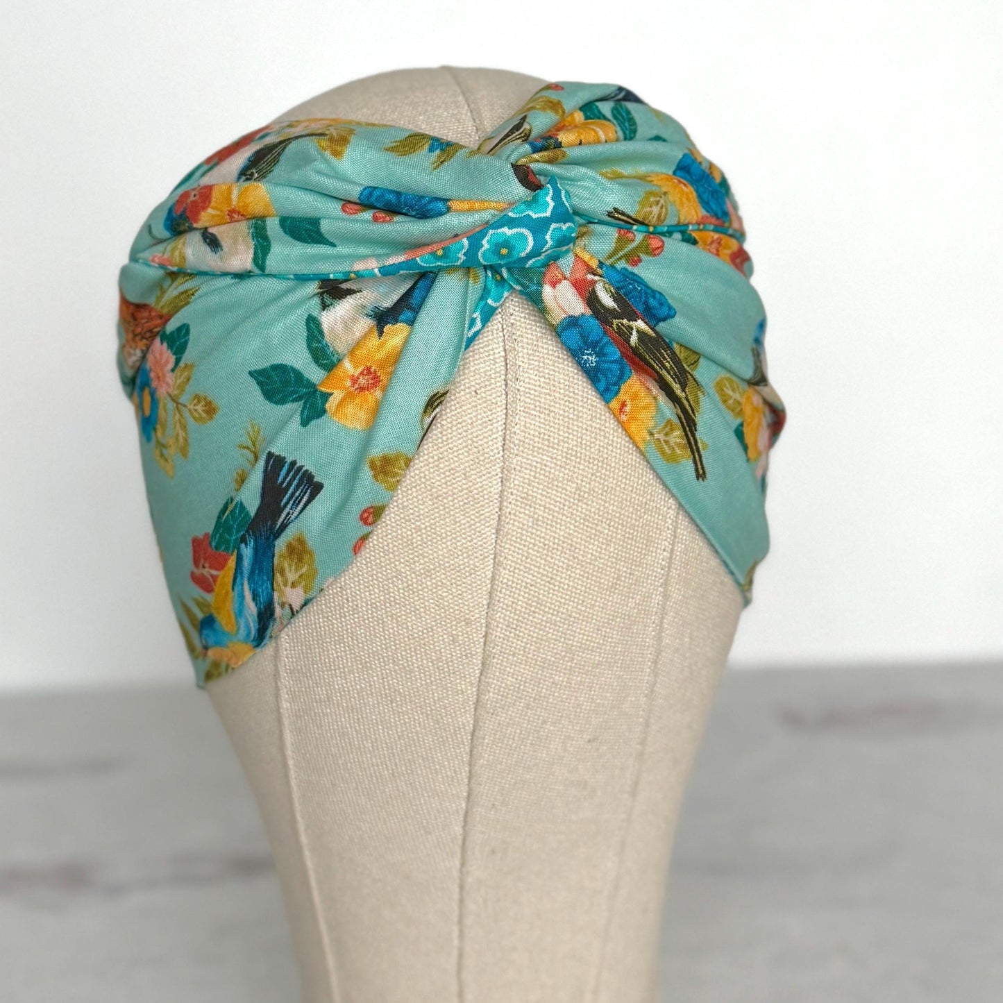 Extra Wide Reversible BENDABLE Wire Headband, Teal Blue Floral Bird Print, Summer Wired Head Wrap, Turban Accessories, Head Scarf Bandana