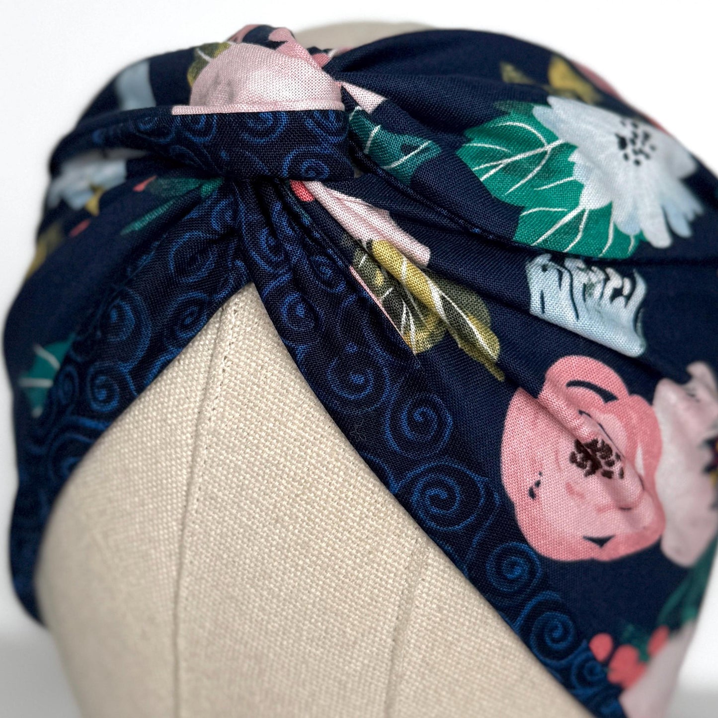 Extra Wide Reversible BENDABLE Wire Headband, Navy Blue Floral Print, Summer Wired Head Wrap, Turban Accessories, Head Scarf Bandana