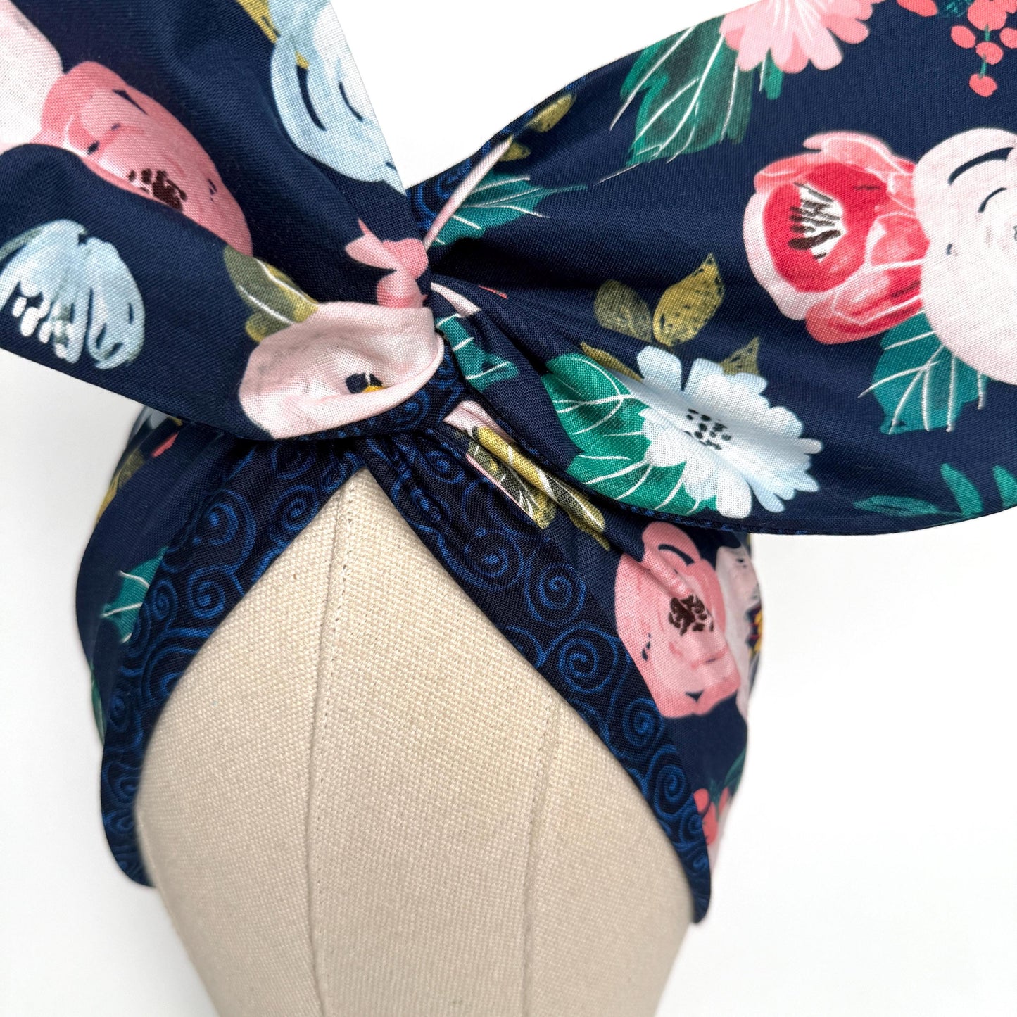 Extra Wide Reversible BENDABLE Wire Headband, Navy Blue Floral Print, Summer Wired Head Wrap, Turban Accessories, Head Scarf Bandana
