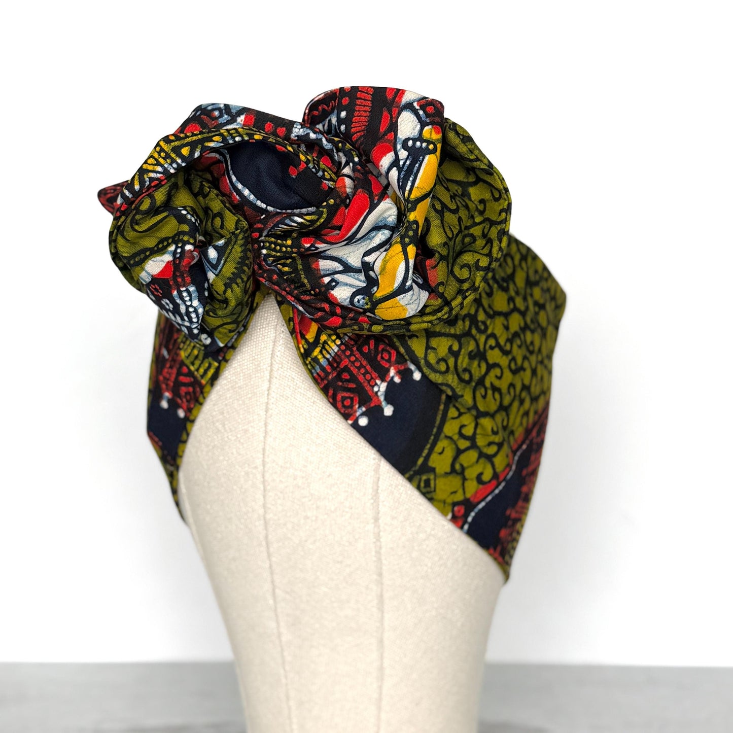 Extra Wide Adjustable Wire Wrap, Ankara Wired Headband, Olive Green Navy Blue African Fabric Head Wrap, Ankara Afro Boho Turban, Bandana