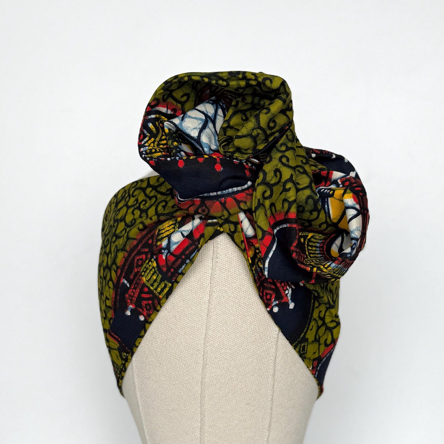 Extra Wide Adjustable Wire Wrap, Ankara Wired Headband, Olive Green Navy Blue African Fabric Head Wrap, Ankara Afro Boho Turban, Bandana