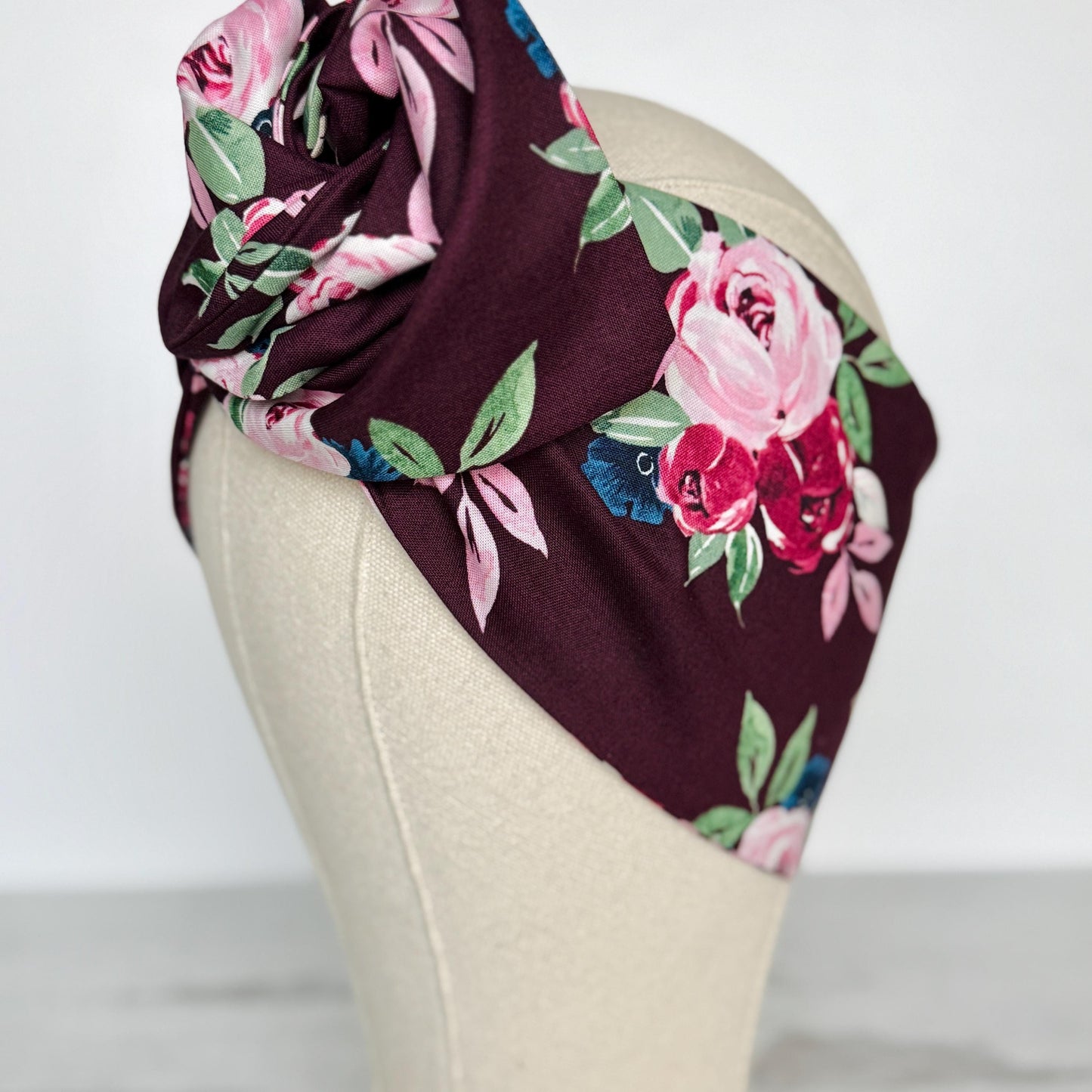Extra Wide Bendable Wire Headband, FallBurgundy Pink Floral Wired Head Wrap For Women, Adjustable Turban, Autumn Winter Head Scarf