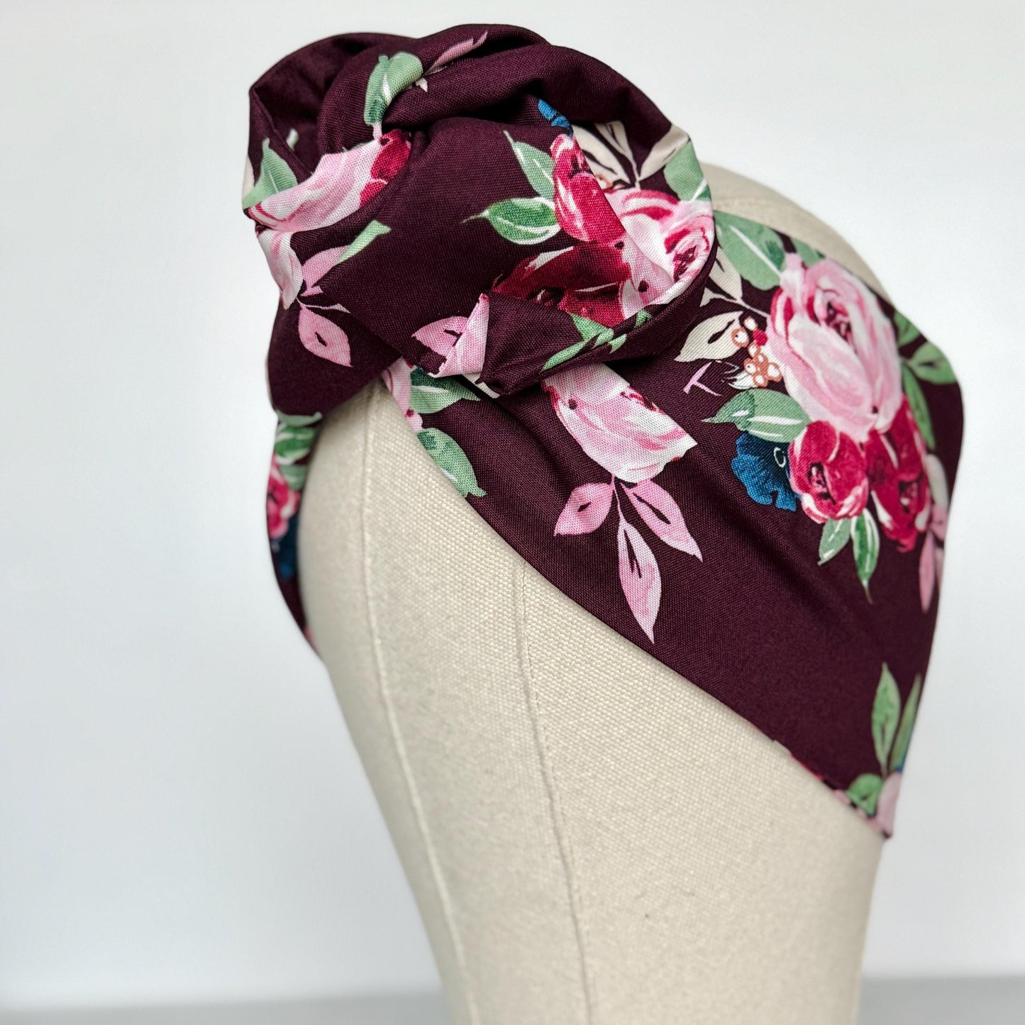 Extra Wide Bendable Wire Headband, FallBurgundy Pink Floral Wired Head Wrap For Women, Adjustable Turban, Autumn Winter Head Scarf