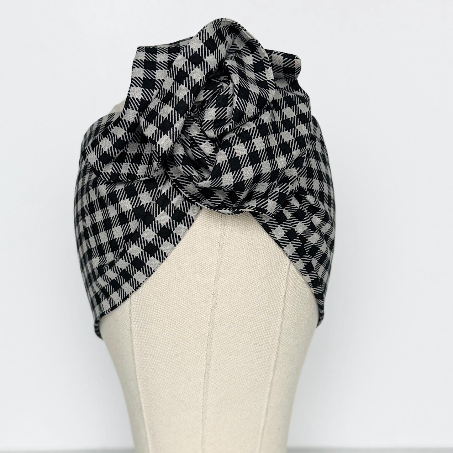 Extra Wide Adjustable Wire Headband, Black Grey Plaid Print, Boho Wired Headband, Fabric Head Wrap, Turban, Gift for Her, Bendable Scarf