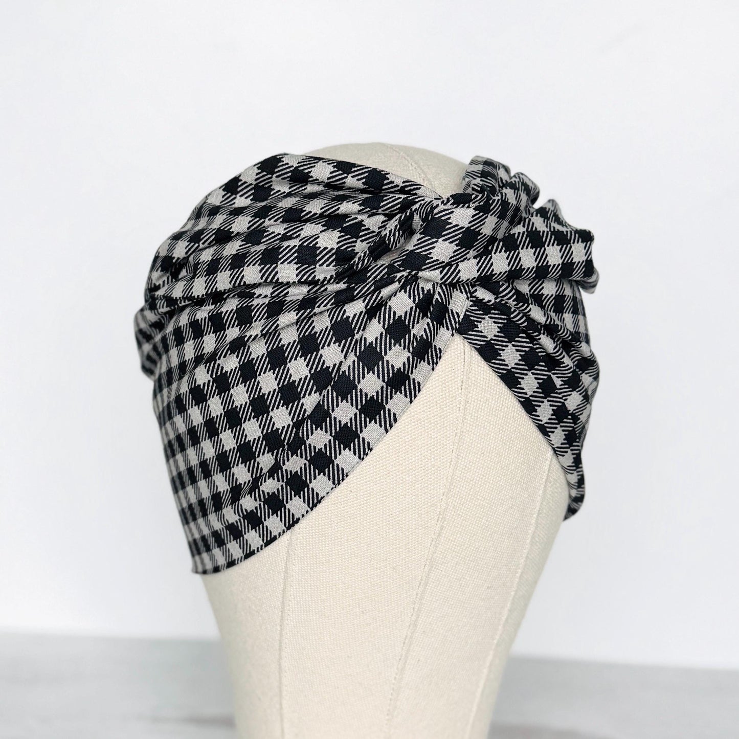 Extra Wide Adjustable Wire Headband, Black Grey Plaid Print, Boho Wired Headband, Fabric Head Wrap, Turban, Gift for Her, Bendable Scarf