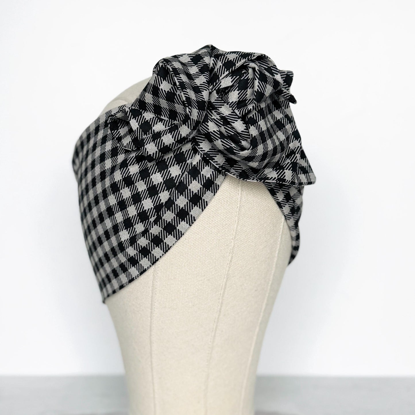 Extra Wide Adjustable Wire Headband, Black Grey Plaid Print, Boho Wired Headband, Fabric Head Wrap, Turban, Gift for Her, Bendable Scarf