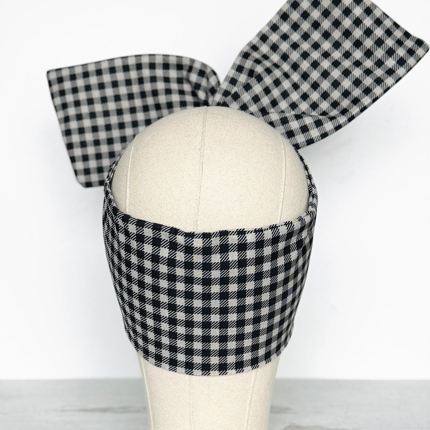 Extra Wide Adjustable Wire Headband, Black Grey Plaid Print, Boho Wired Headband, Fabric Head Wrap, Turban, Gift for Her, Bendable Scarf