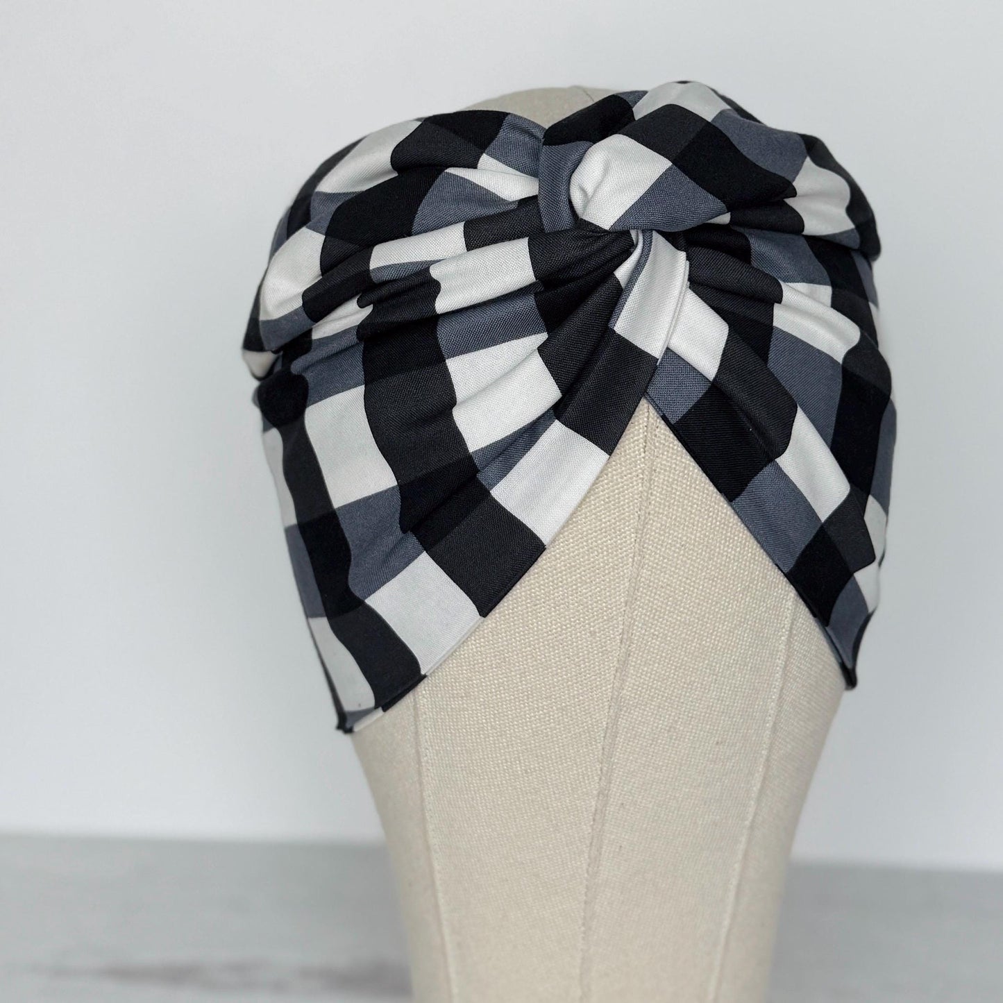 Extra Wide Adjustable Wire Headband, Black White Buffalo Plaid Print, Boho Wired Headband, Fabric Head Wrap, Turban, Bendable Scarf